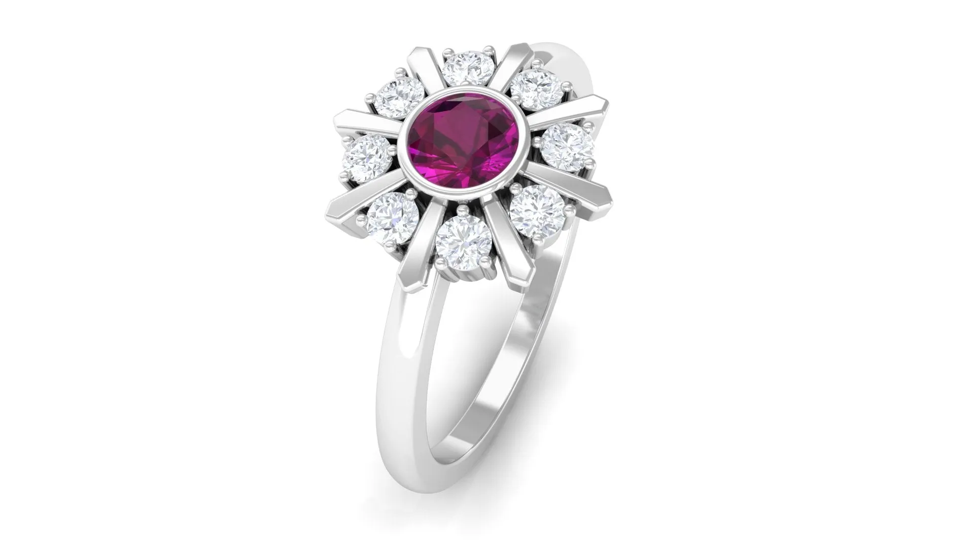0.75 CT Real Rhodolite Statement Ring with Diamond Stones
