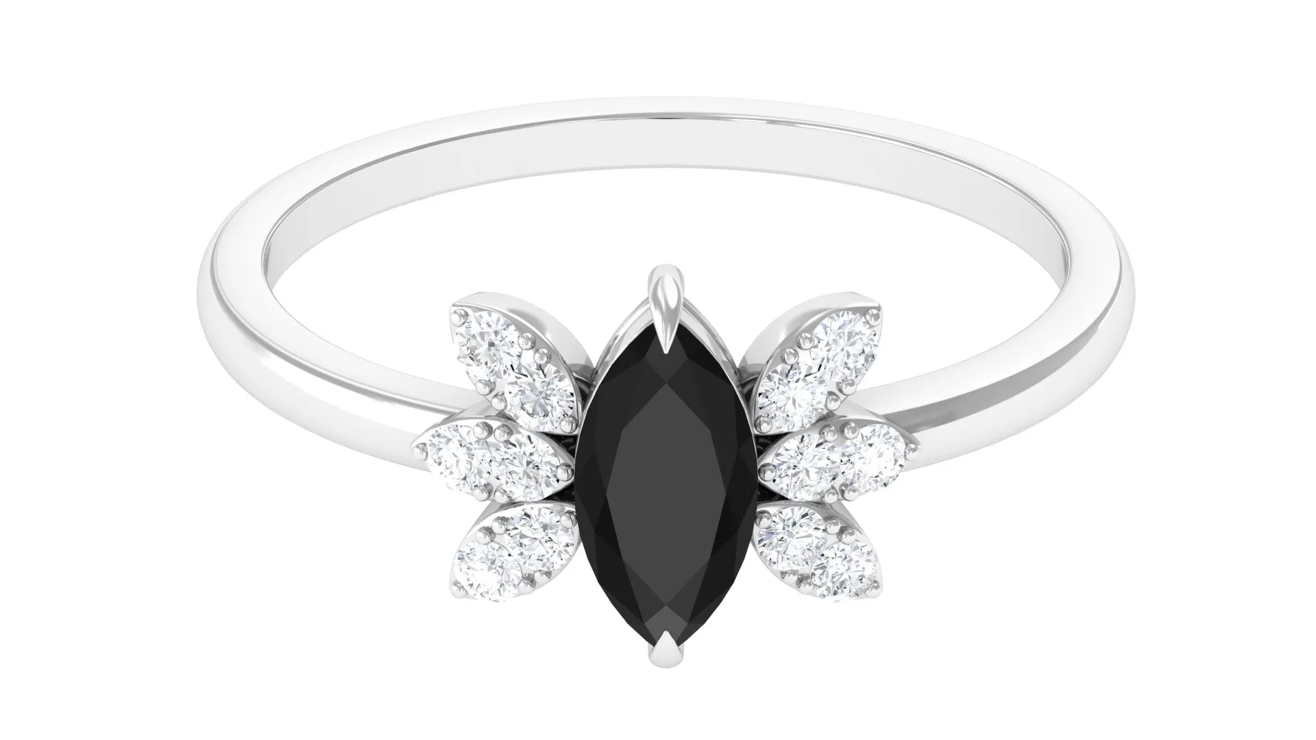 1 CT Claw Set Marquise Black Spinel and Diamond Promise Ring