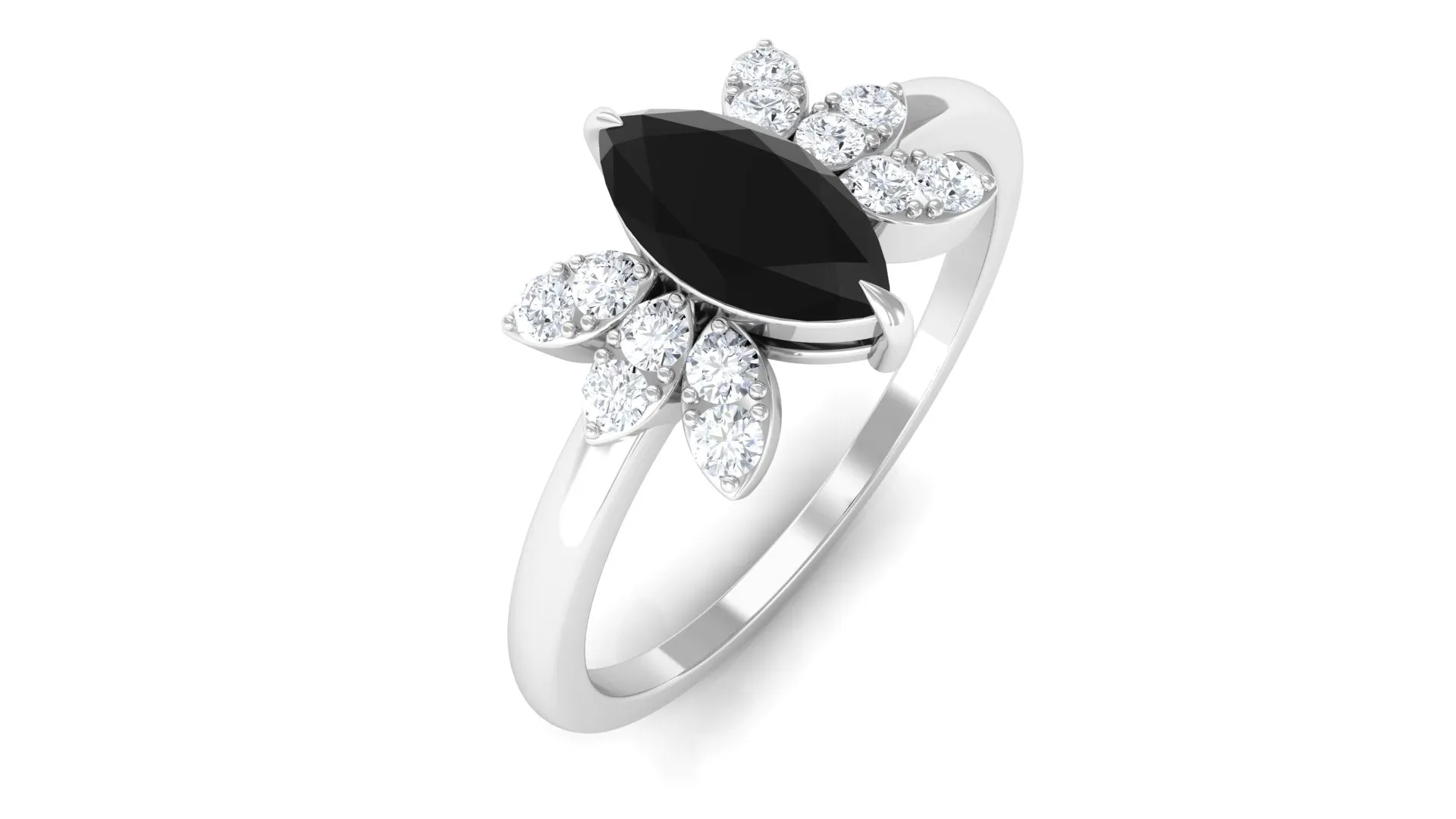 1 CT Claw Set Marquise Black Spinel and Diamond Promise Ring