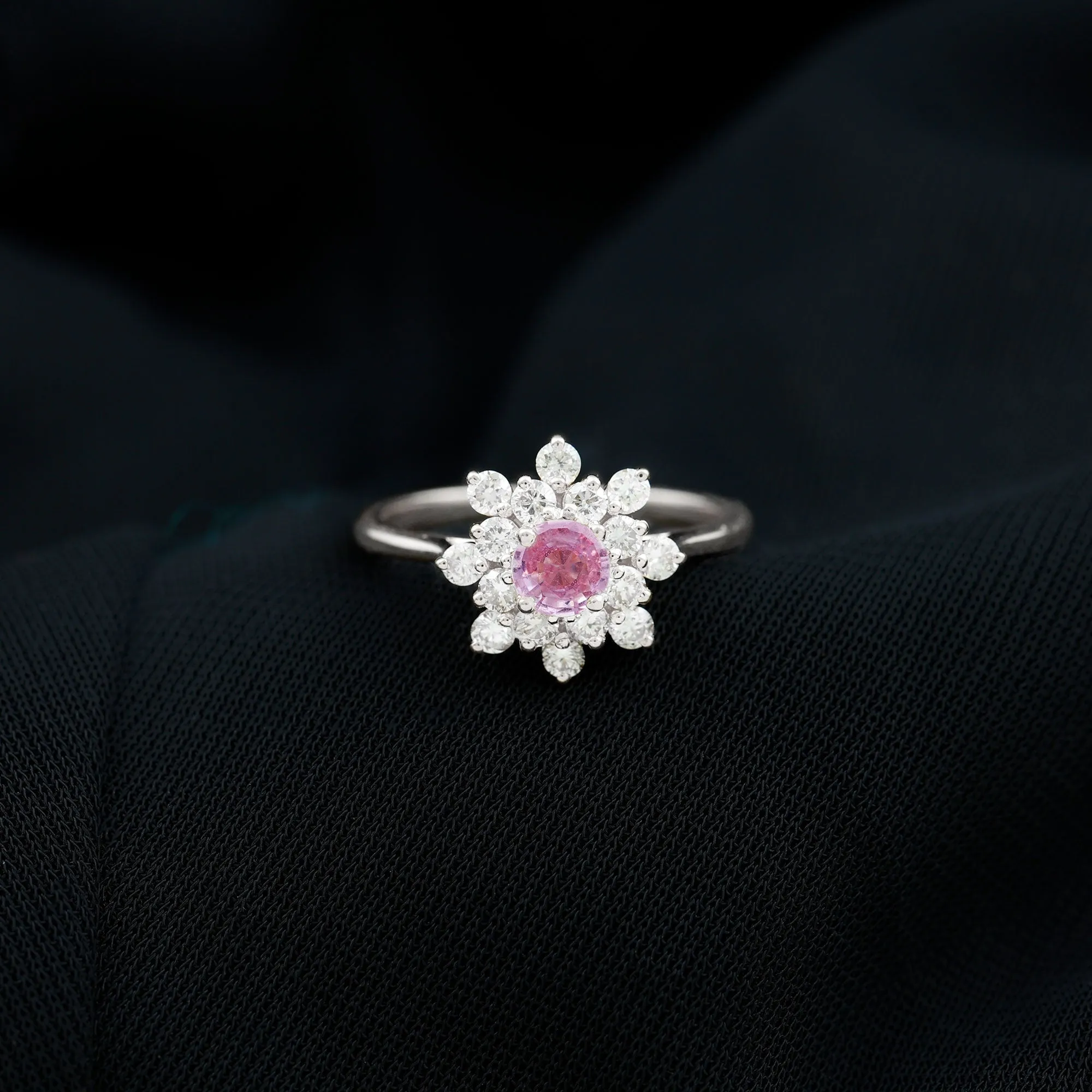 1 CT Pink Sapphire and Diamond Cluster Engagement Ring in Prong Setting