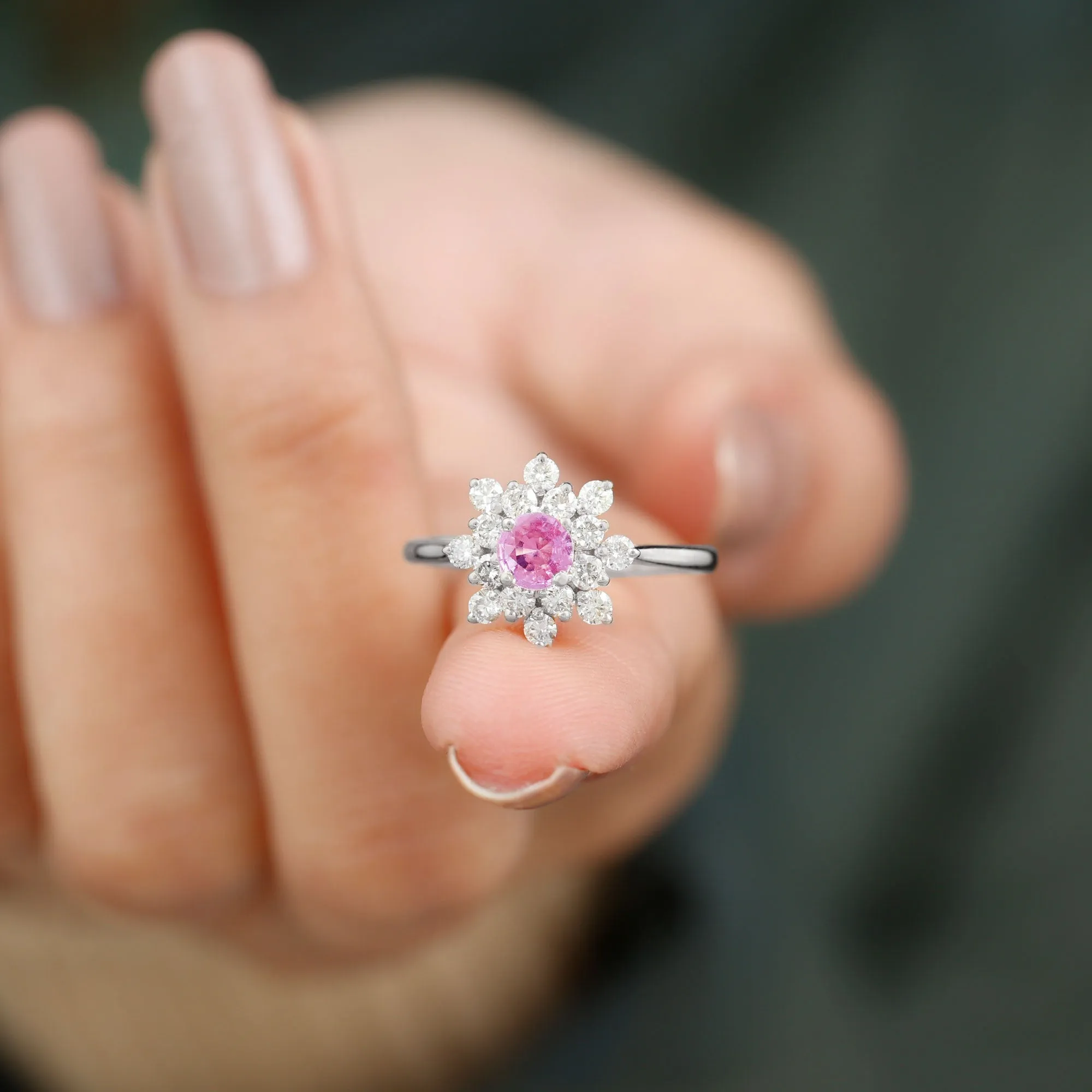 1 CT Pink Sapphire and Diamond Cluster Engagement Ring in Prong Setting