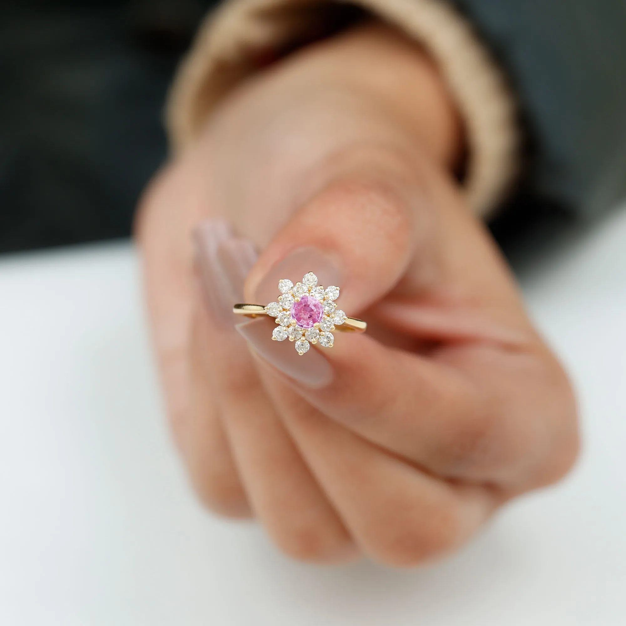 1 CT Pink Sapphire and Diamond Cluster Engagement Ring in Prong Setting