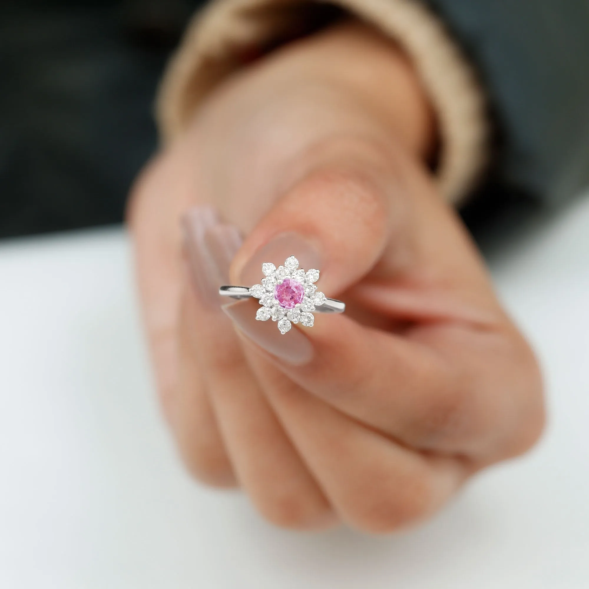 1 CT Pink Sapphire and Diamond Cluster Engagement Ring in Prong Setting