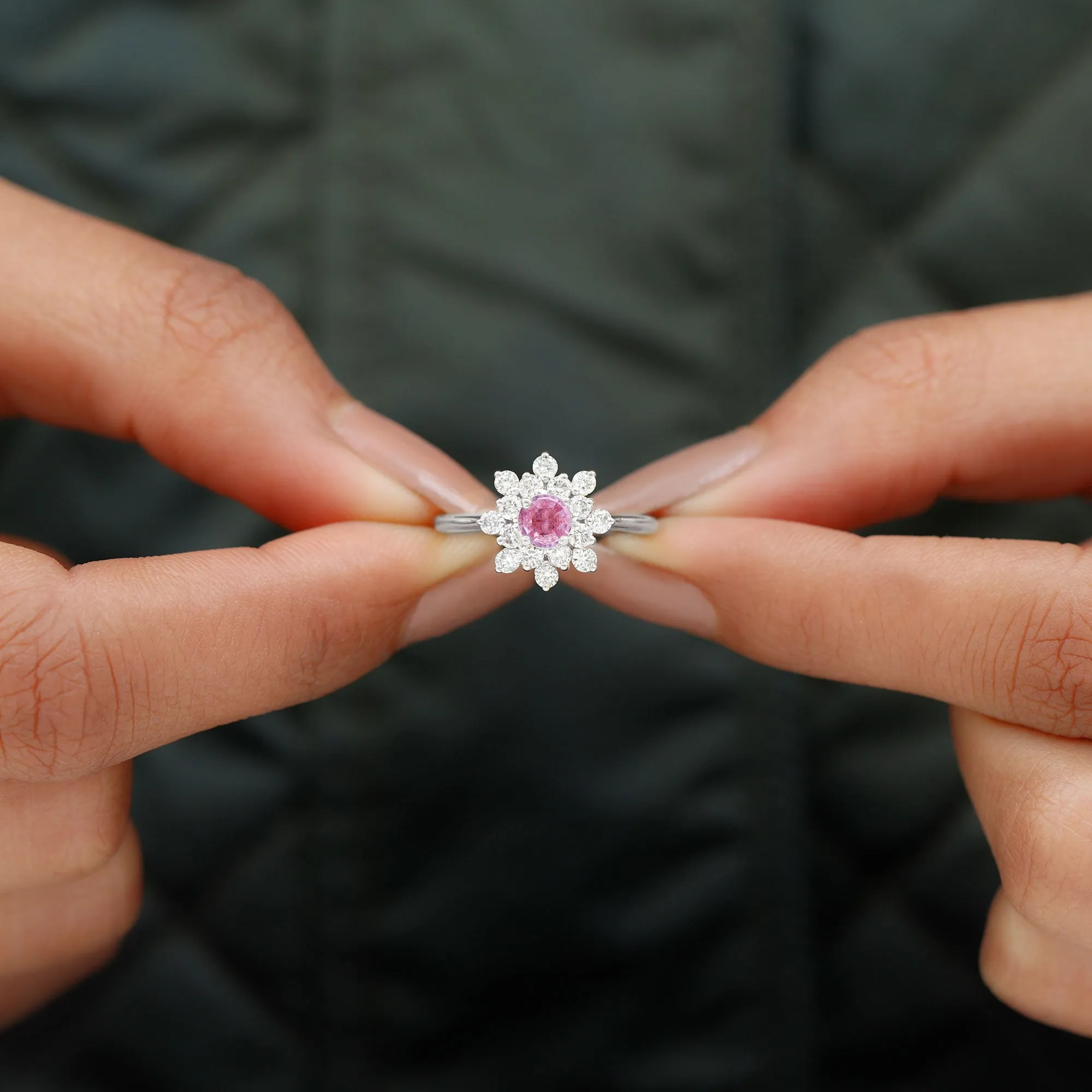 1 CT Pink Sapphire and Diamond Cluster Engagement Ring in Prong Setting