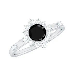 1 CT Round Black Spinel and Diamond Halo Engagement Ring