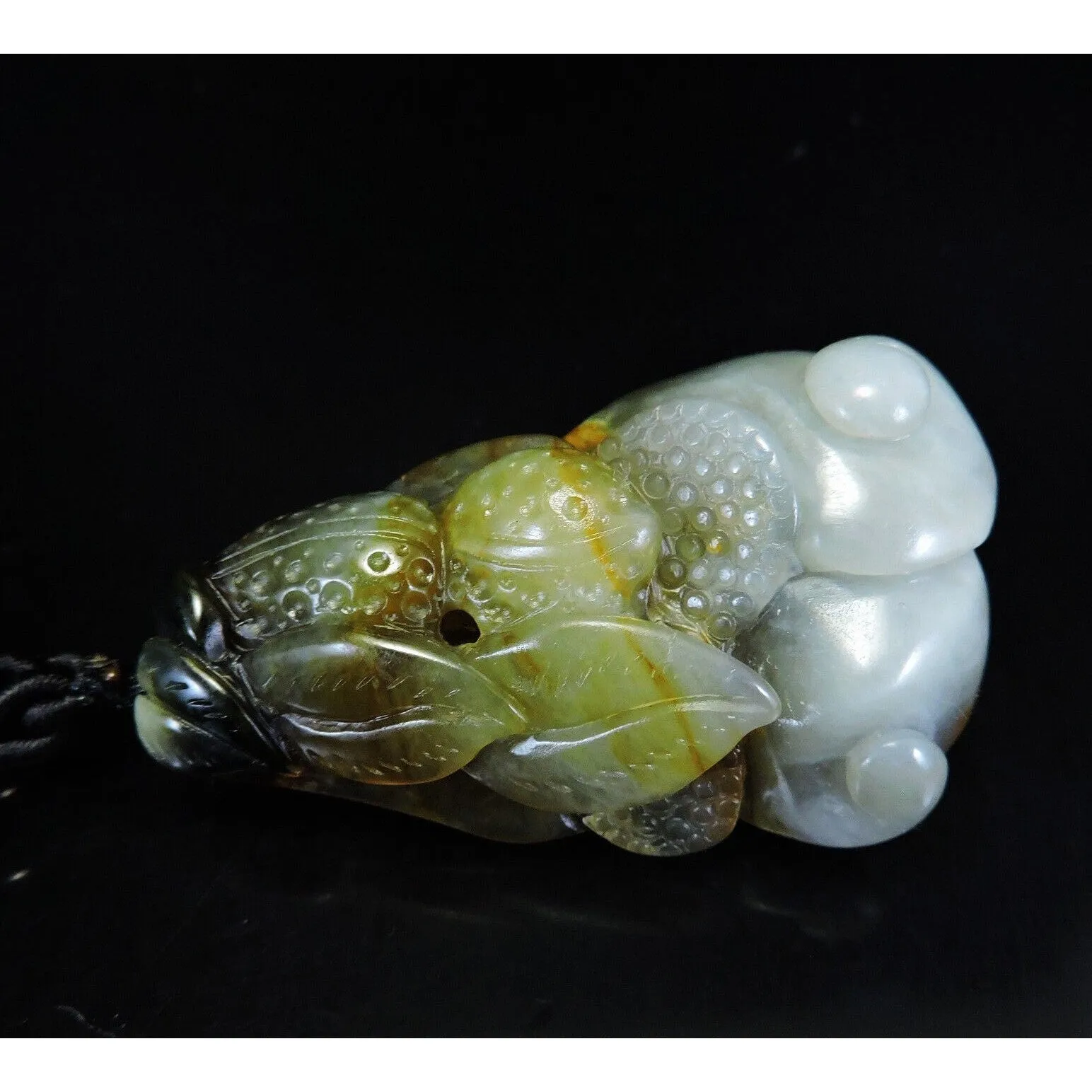 100% Natural Hand-Carved Jade Pendant Jadeite Necklace Peanut & Leaves & Ruyi