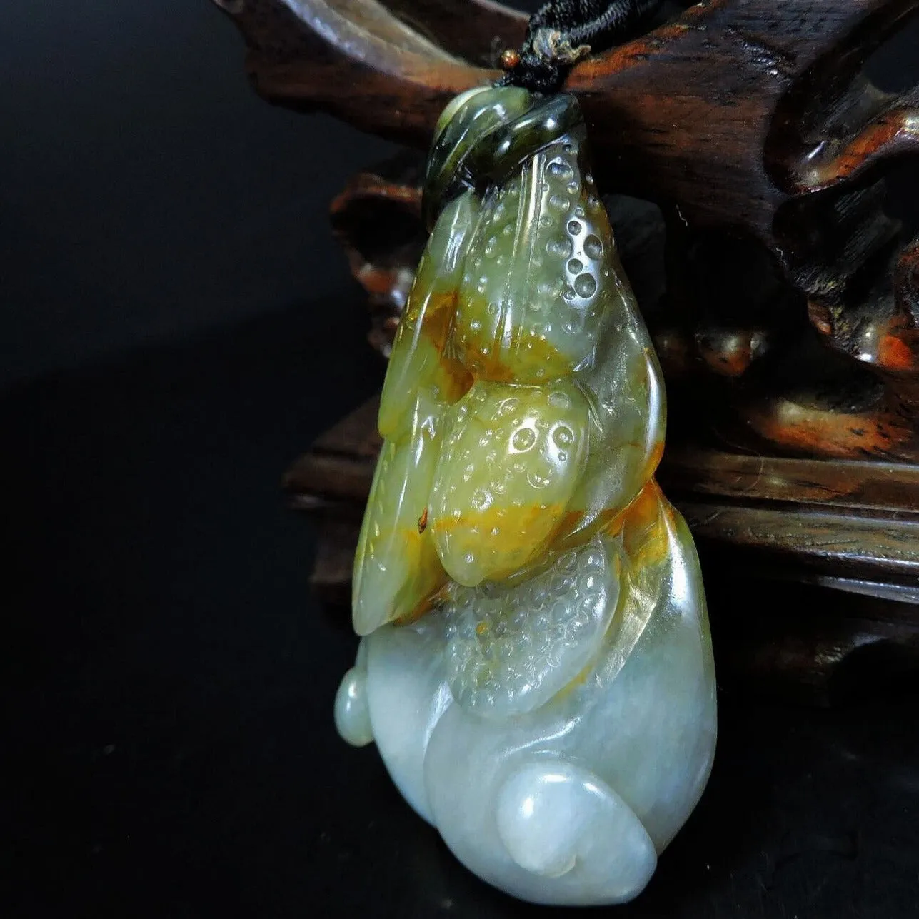 100% Natural Hand-Carved Jade Pendant Jadeite Necklace Peanut & Leaves & Ruyi