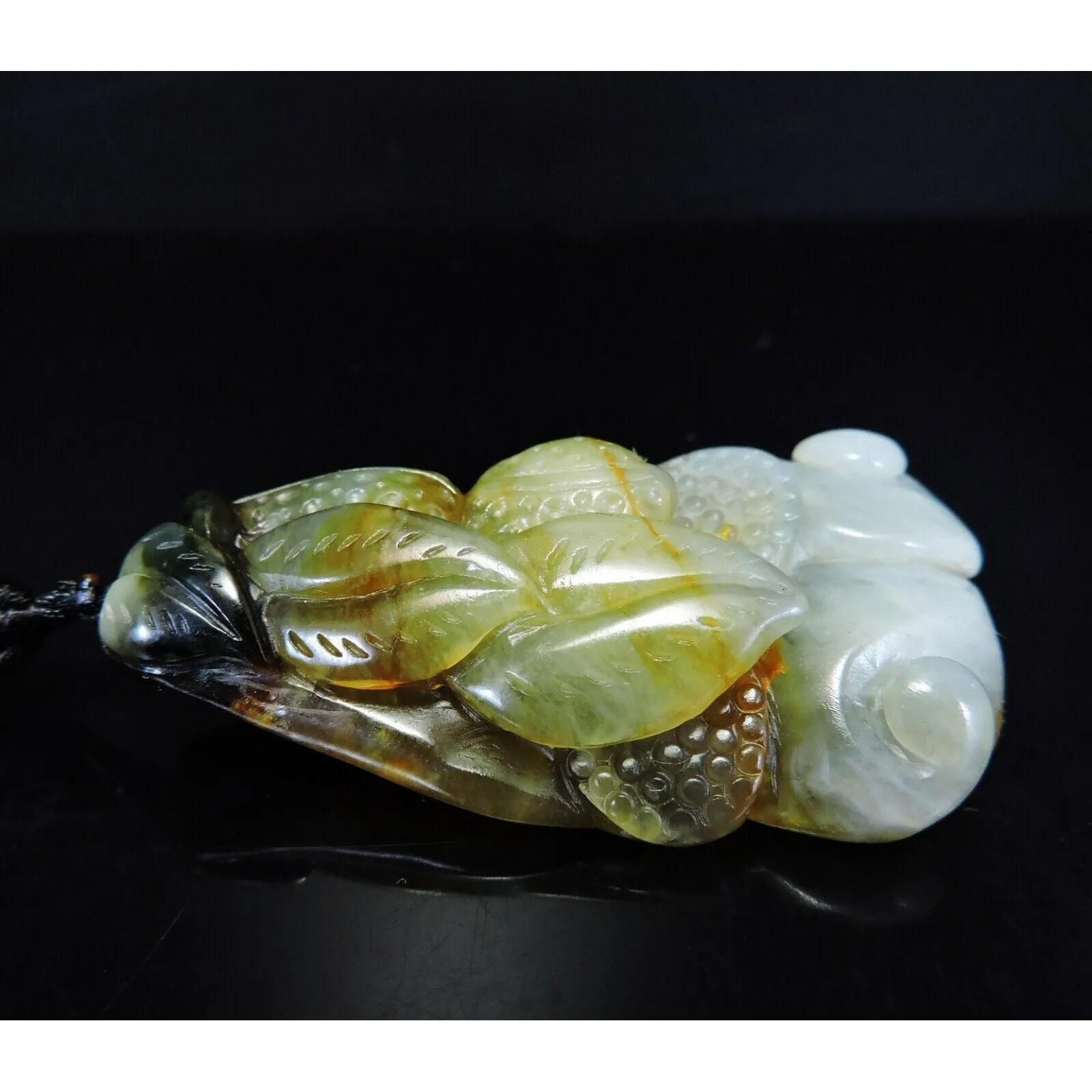 100% Natural Hand-Carved Jade Pendant Jadeite Necklace Peanut & Leaves & Ruyi