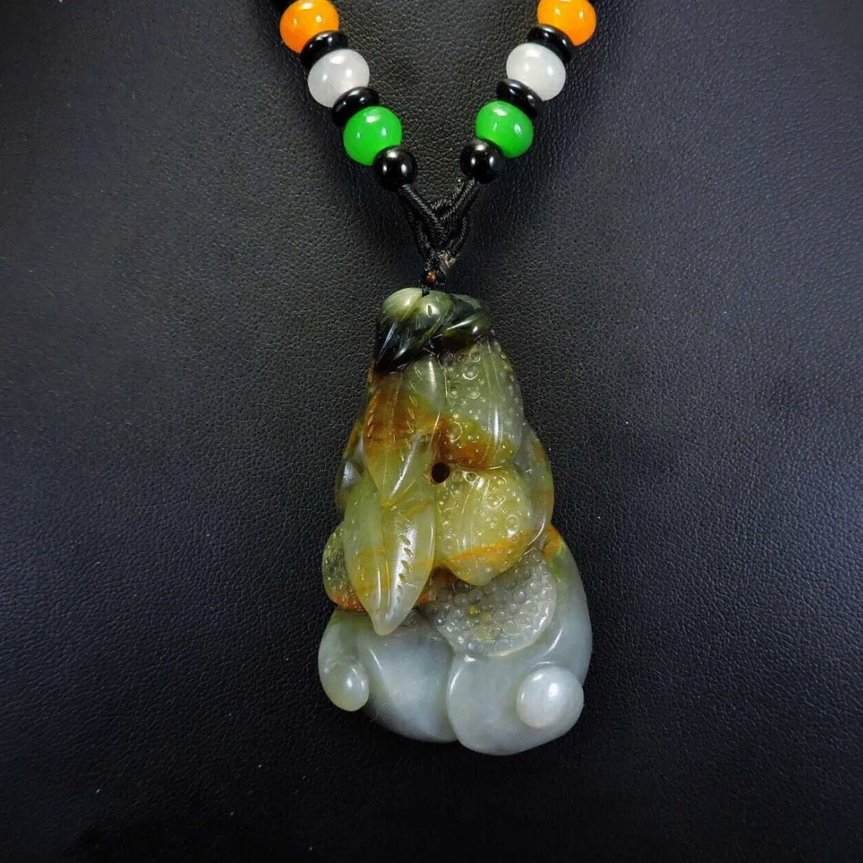 100% Natural Hand-Carved Jade Pendant Jadeite Necklace Peanut & Leaves & Ruyi