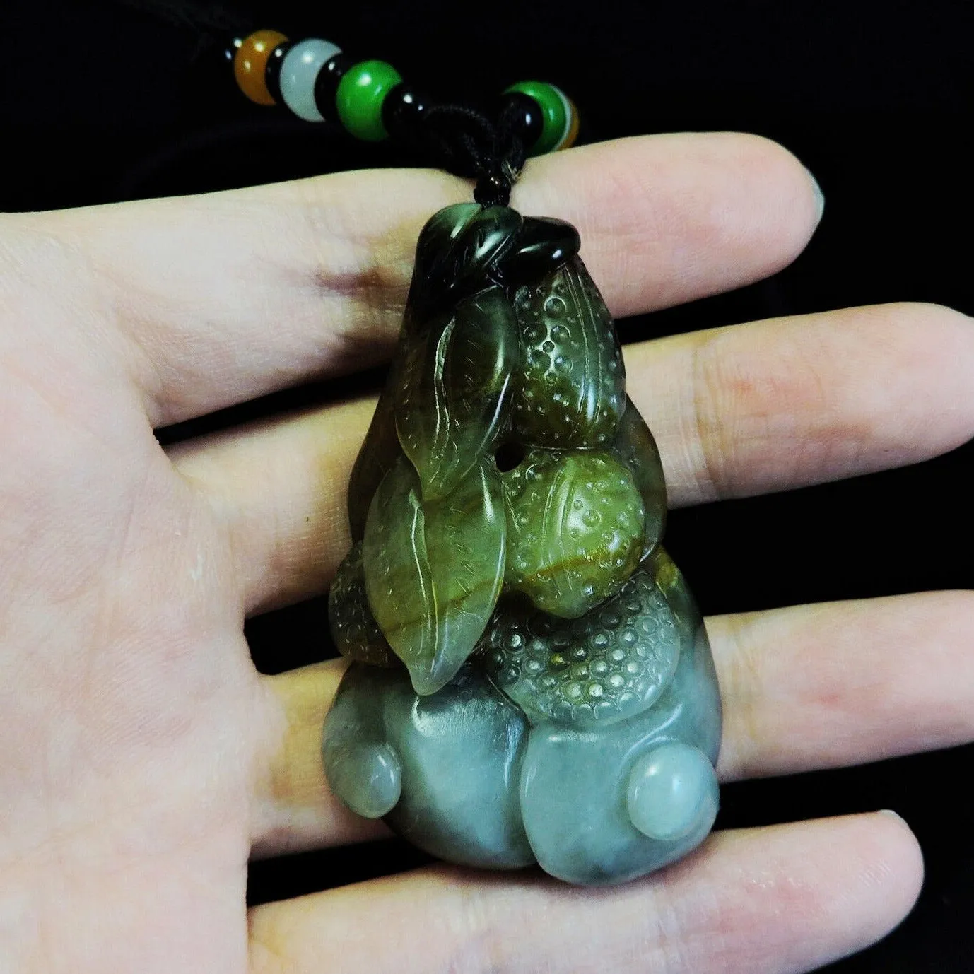 100% Natural Hand-Carved Jade Pendant Jadeite Necklace Peanut & Leaves & Ruyi