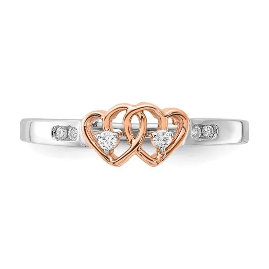 10k White and Rose Gold Diamond Double Heart Ring