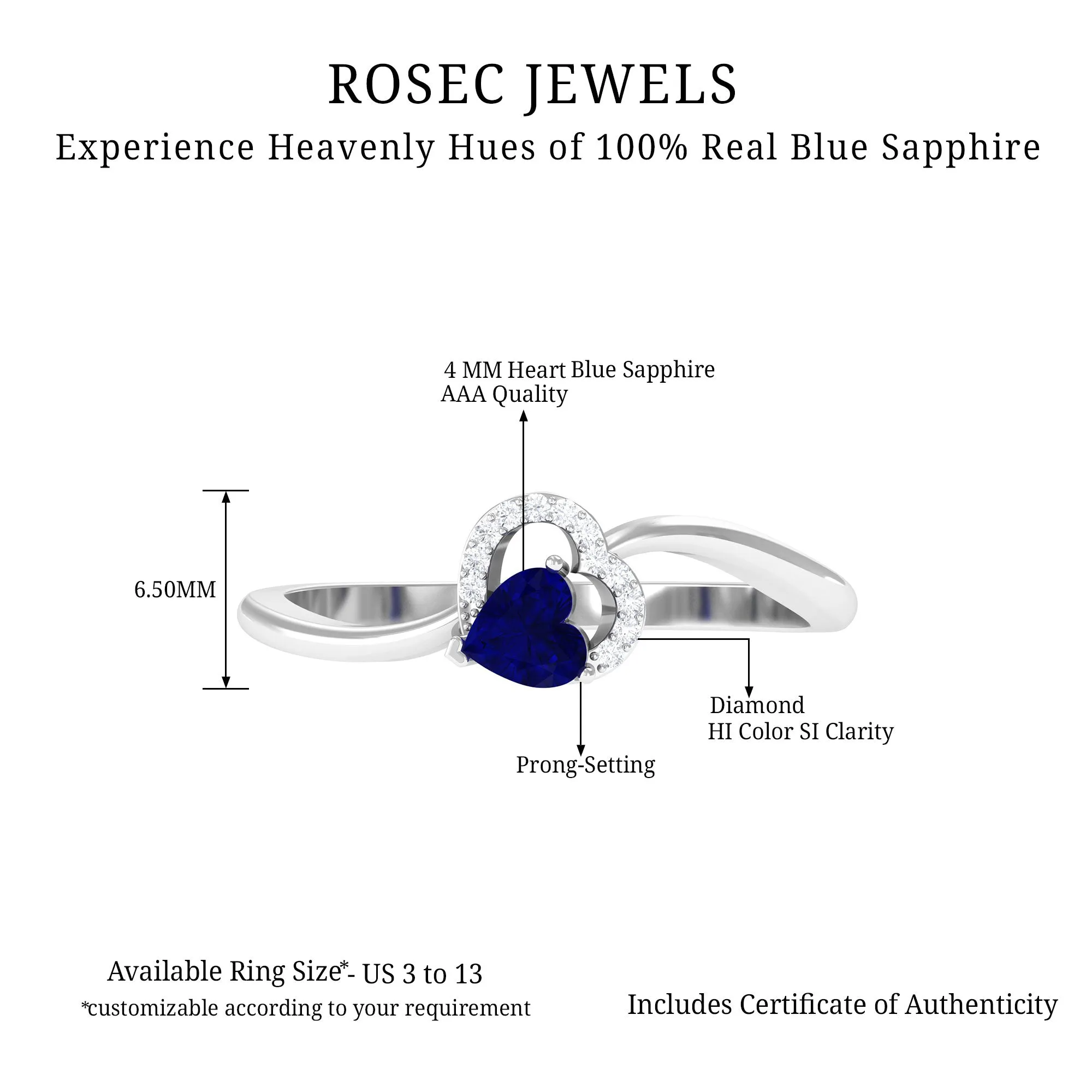 1/2 CT Blue Sapphire Heart Promise Ring with Diamond
