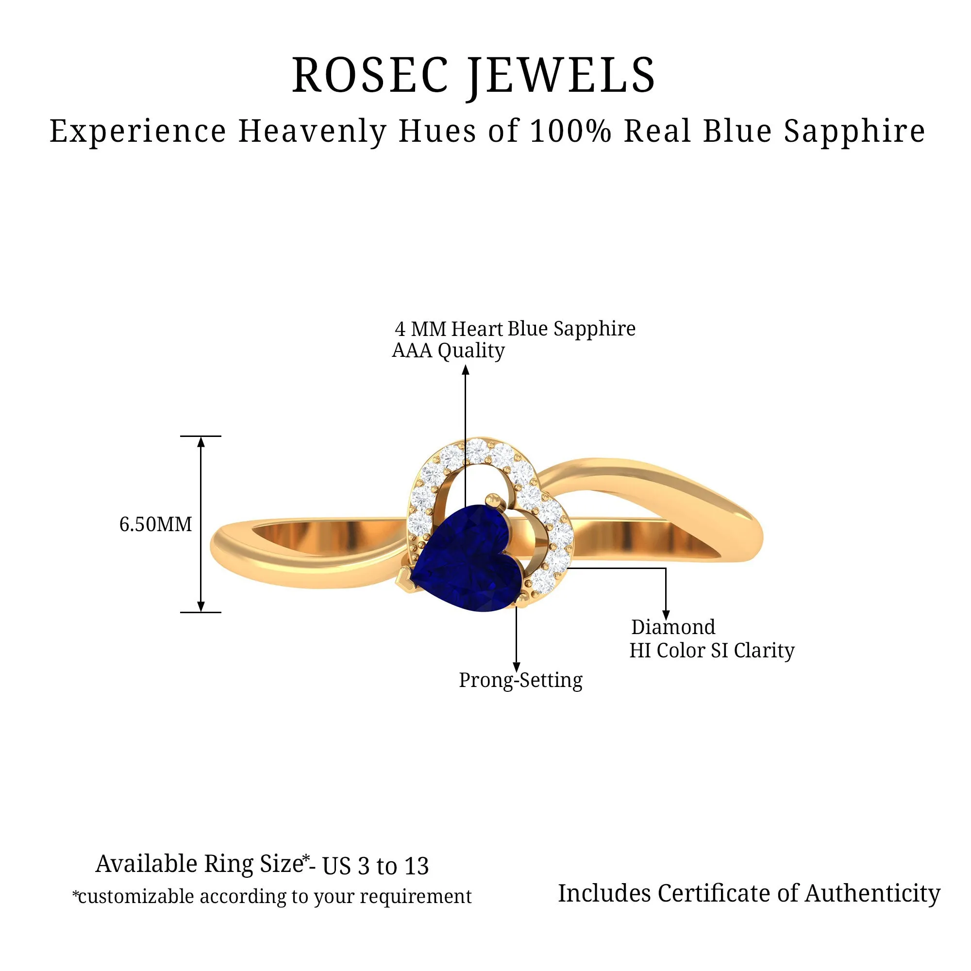 1/2 CT Blue Sapphire Heart Promise Ring with Diamond