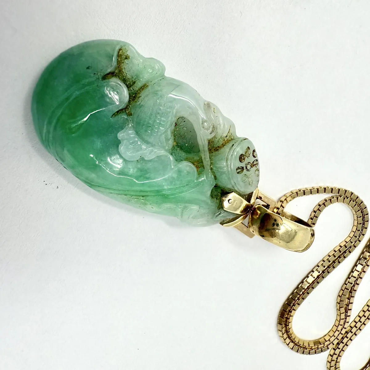 14K Gold Box Chain Necklace with Jade Pendant