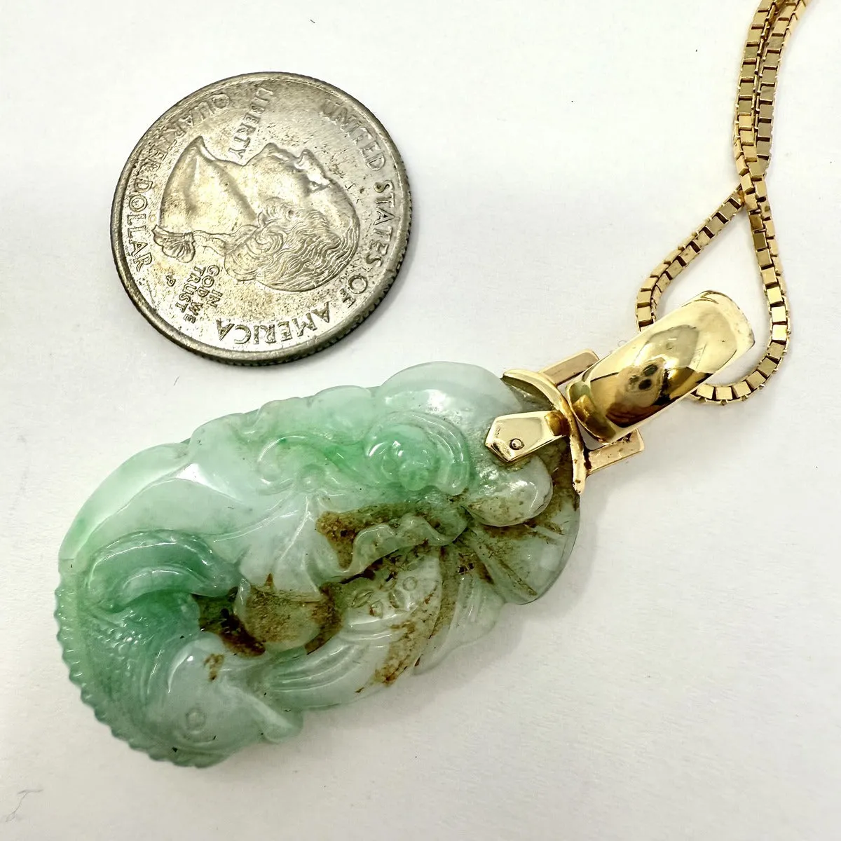 14K Gold Box Chain Necklace with Jade Pendant