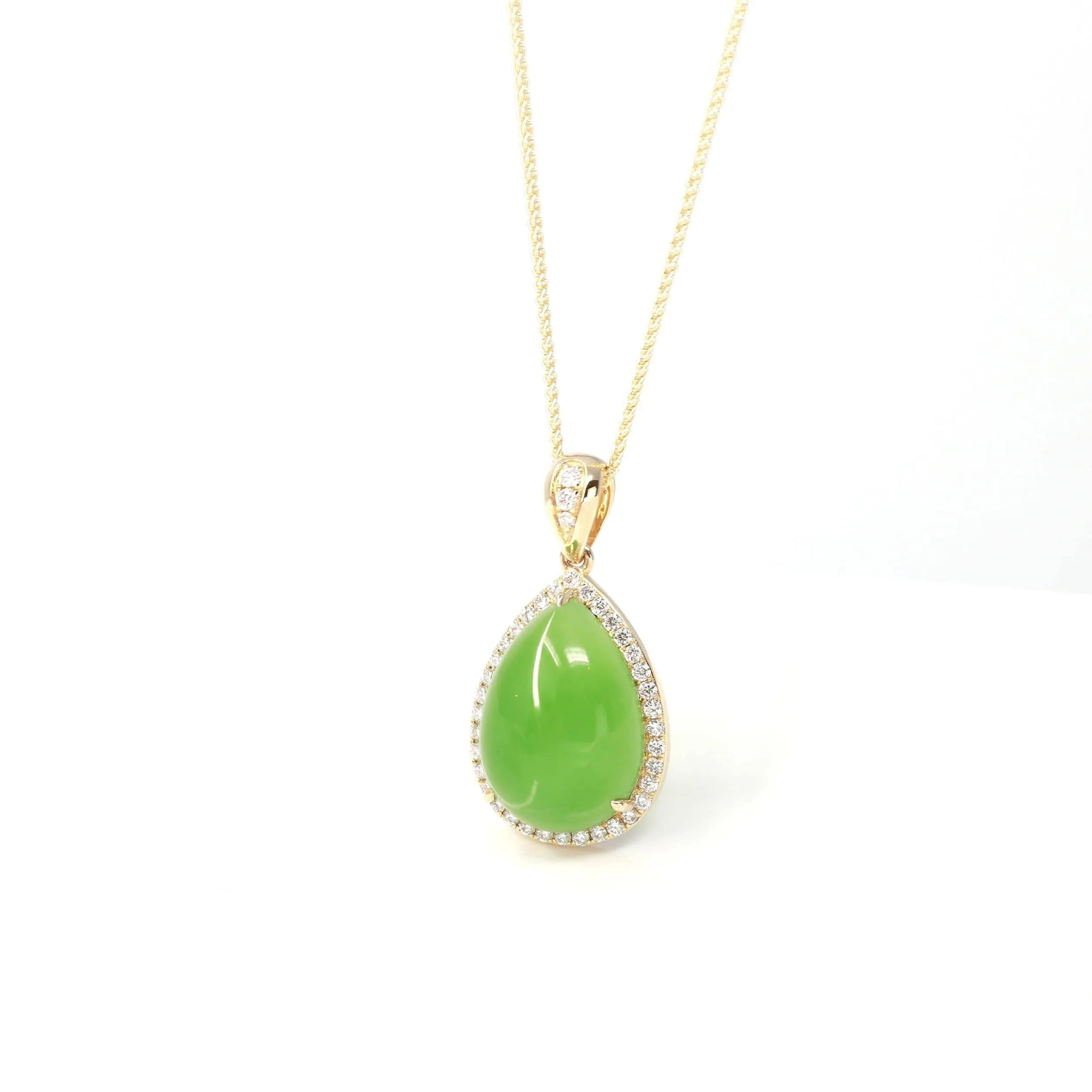 14K Gold Genuine Green Apple Green Jade Tear Drop Pendant Necklace With VS1 Diamond