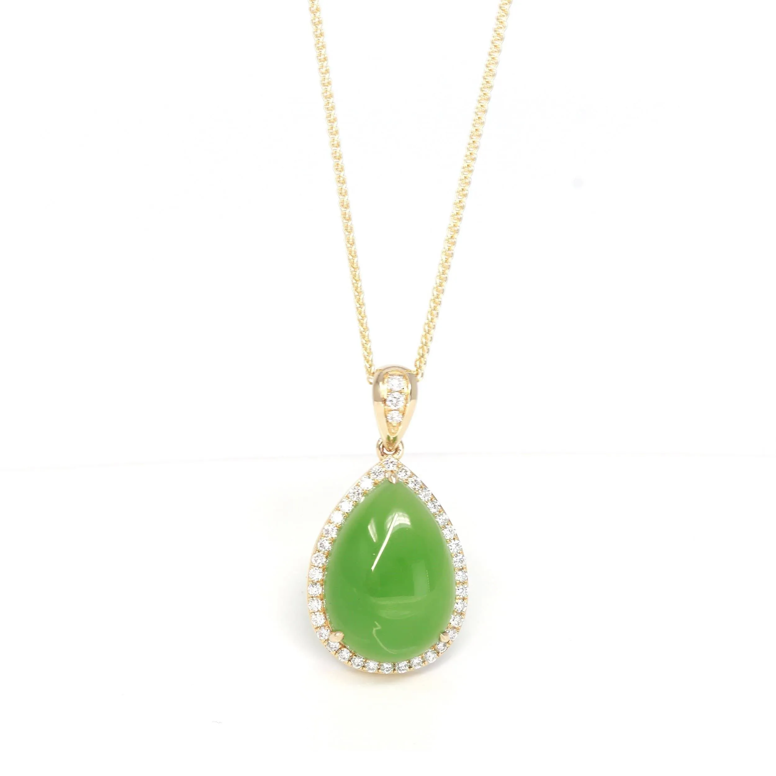 14K Gold Genuine Green Apple Green Jade Tear Drop Pendant Necklace With VS1 Diamond