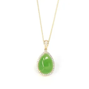 14K Gold Genuine Green Apple Green Jade Tear Drop Pendant Necklace With VS1 Diamond