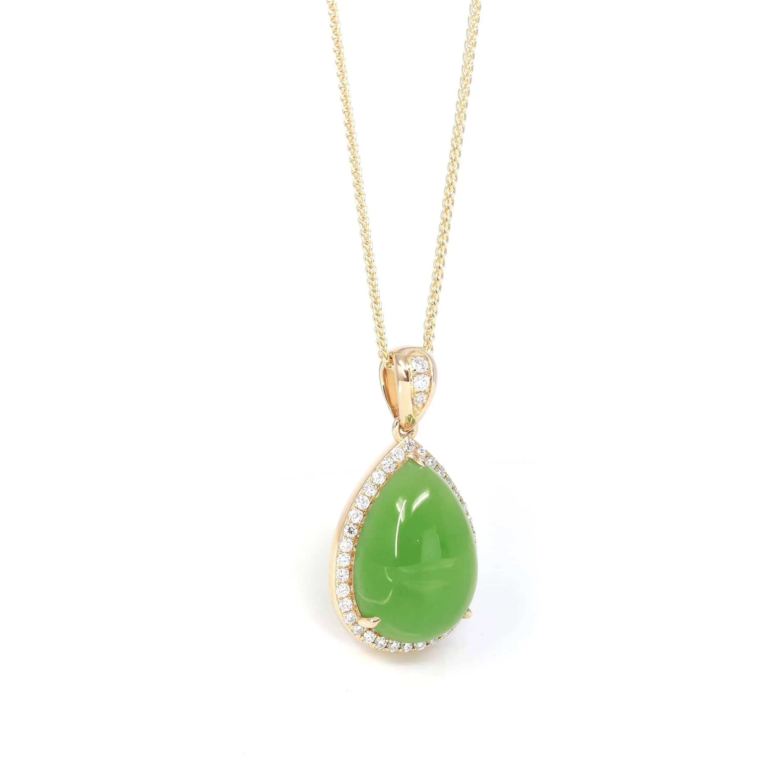 14K Gold Genuine Green Apple Green Jade Tear Drop Pendant Necklace With VS1 Diamond