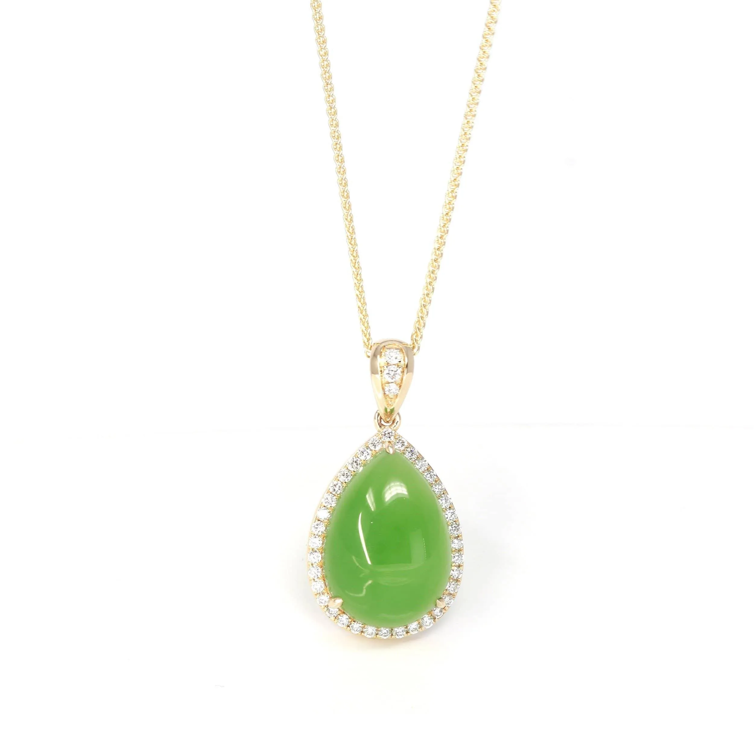 14K Gold Genuine Green Apple Green Jade Tear Drop Pendant Necklace With VS1 Diamond