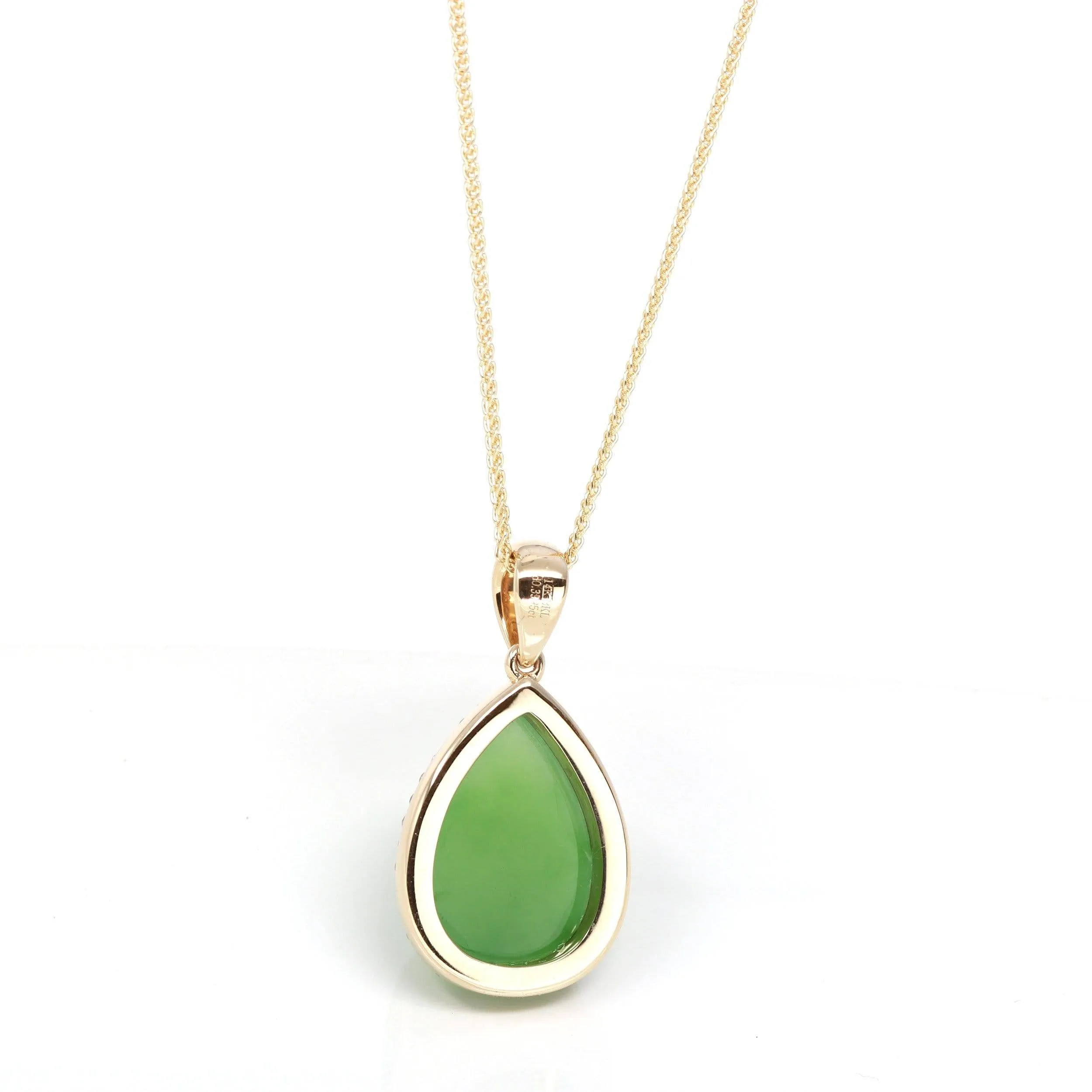 14K Gold Genuine Green Apple Green Jade Tear Drop Pendant Necklace With VS1 Diamond