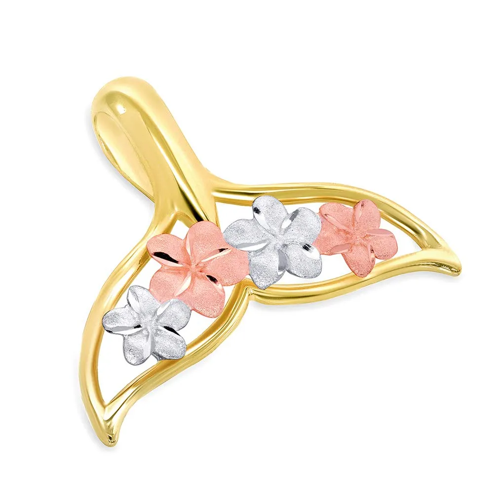 14k Gold Open Tri-Tone Whale Tail with Hawaiian Plumeria Flower Pendant Necklace - Yellow and Rose Gold
