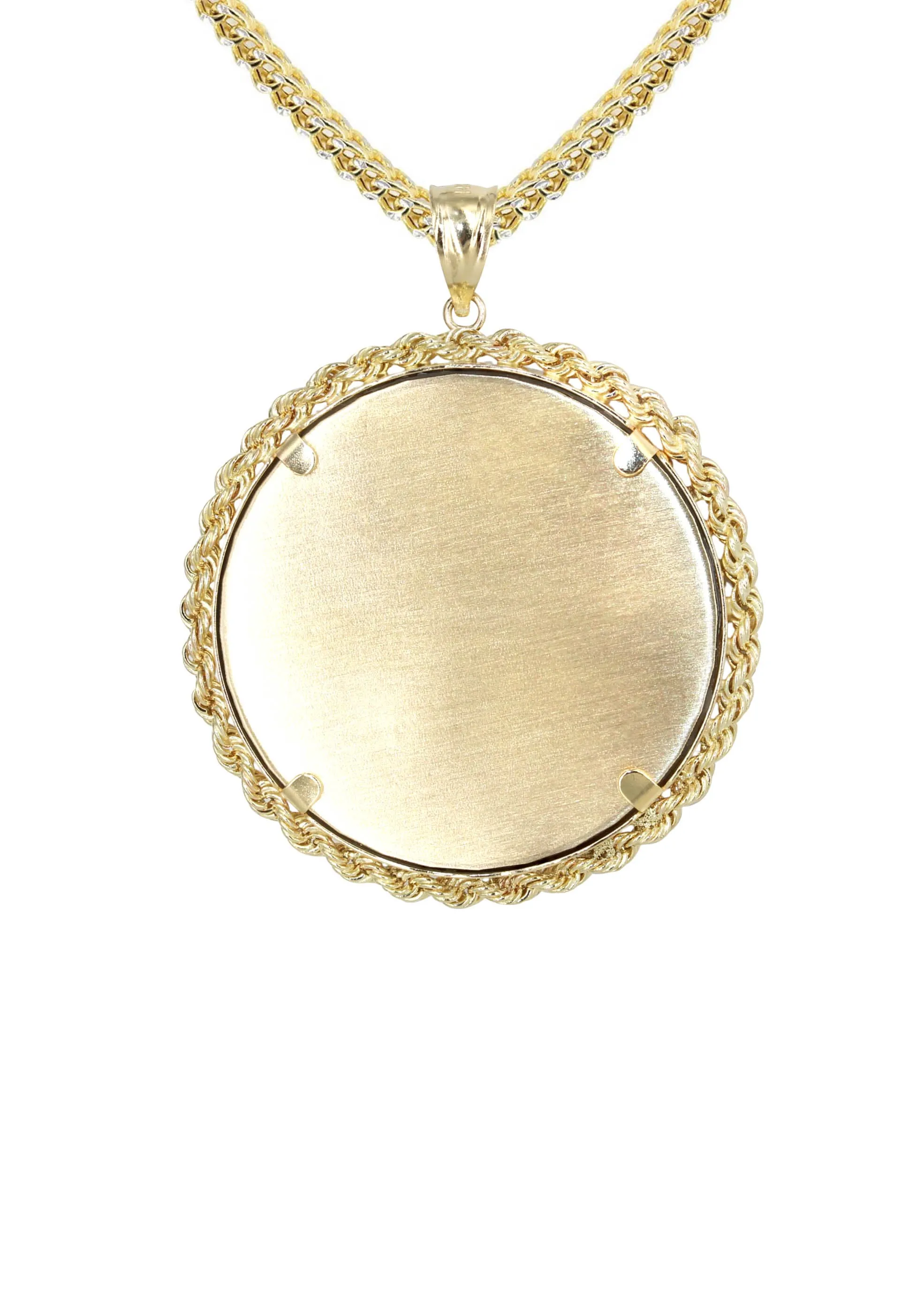 14K Yellow Gold Round Rope Link Picture Pendant Necklace | Appx. 1.2 Inch