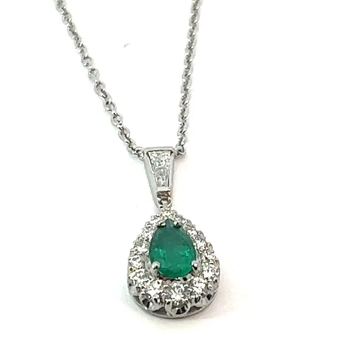 14W PS Emerald and Diamond Halo with Bag Bail Necklace