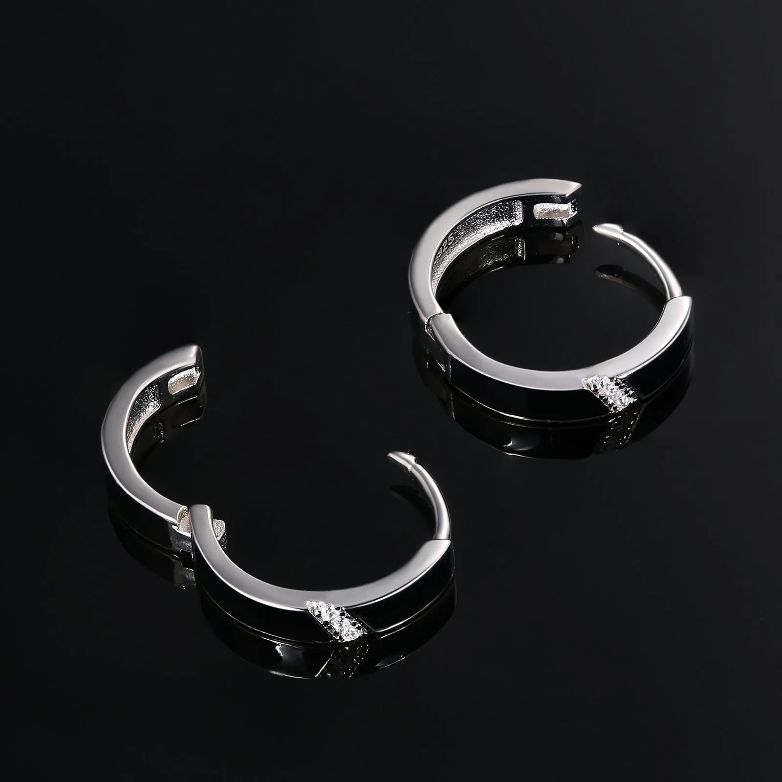 15mm 2-Color Sterling Silver Diamond Round Hoop Mens Earrings