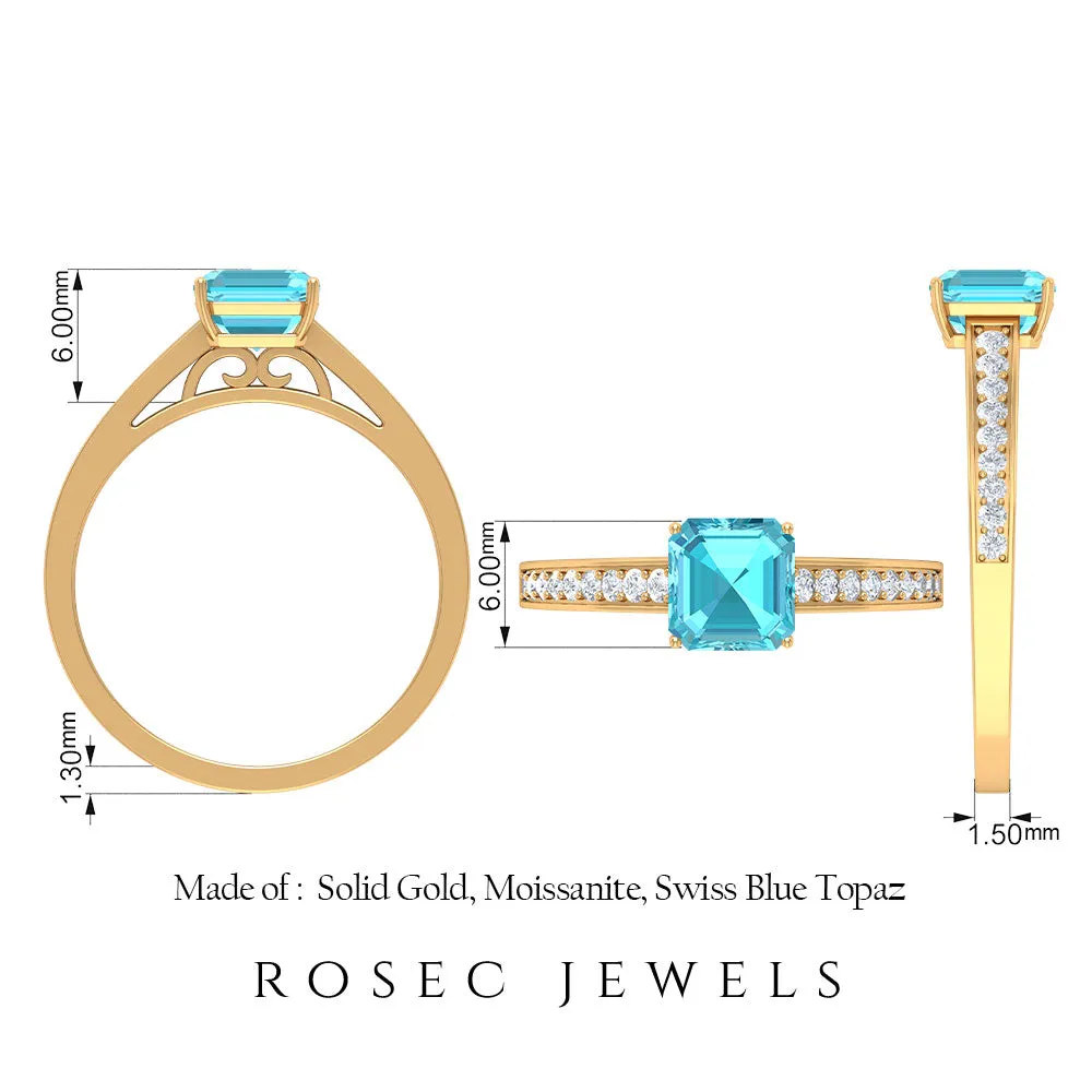 1.75 CT Swiss Blue Topaz Solitaire Ring with Diamond Side Stones