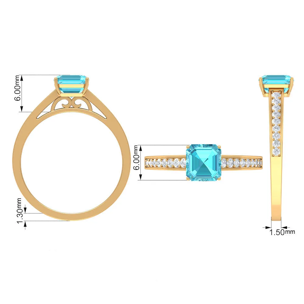 1.75 CT Swiss Blue Topaz Solitaire Ring with Diamond Side Stones