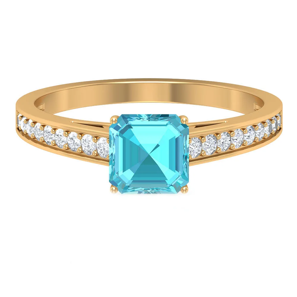 1.75 CT Swiss Blue Topaz Solitaire Ring with Diamond Side Stones
