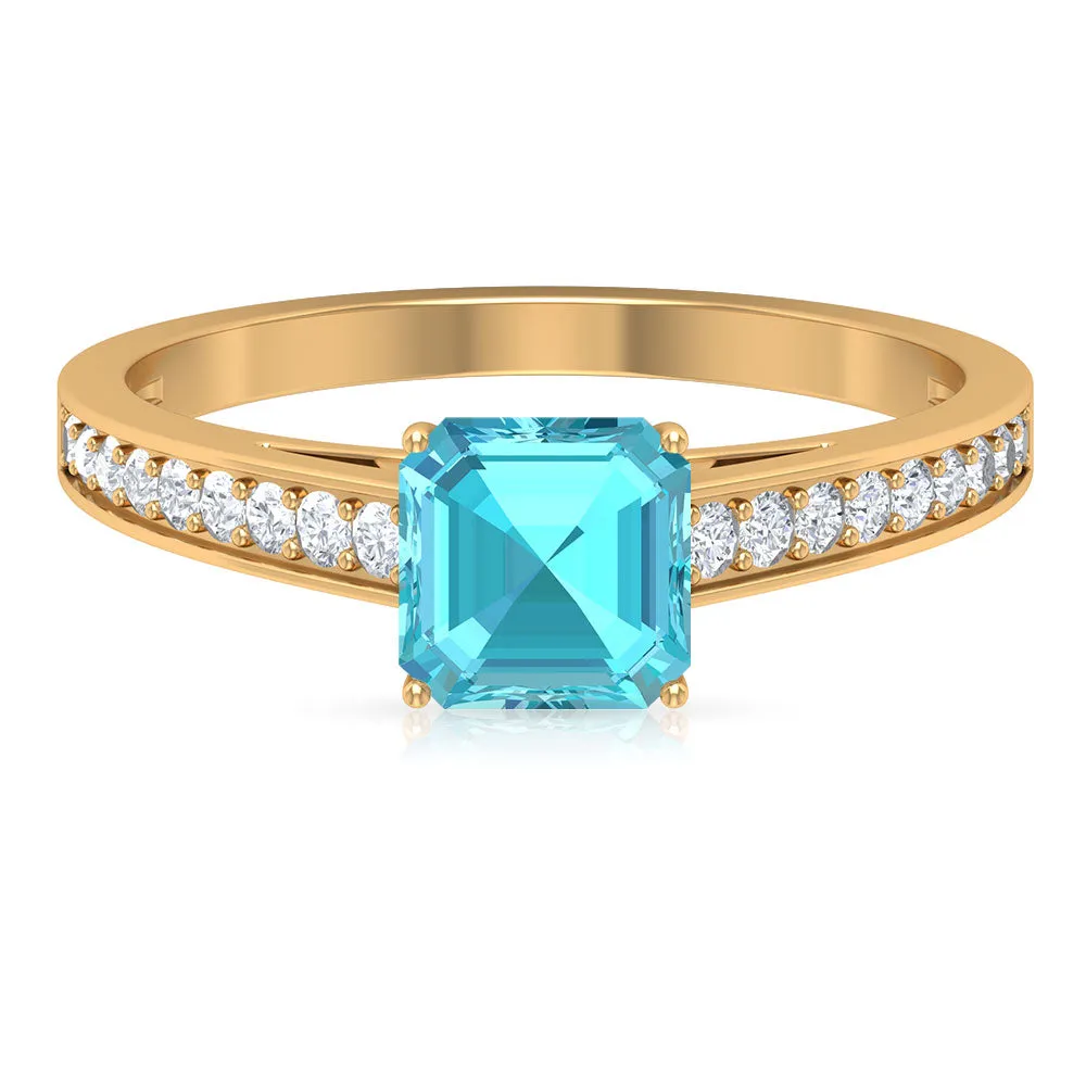 1.75 CT Swiss Blue Topaz Solitaire Ring with Diamond Side Stones