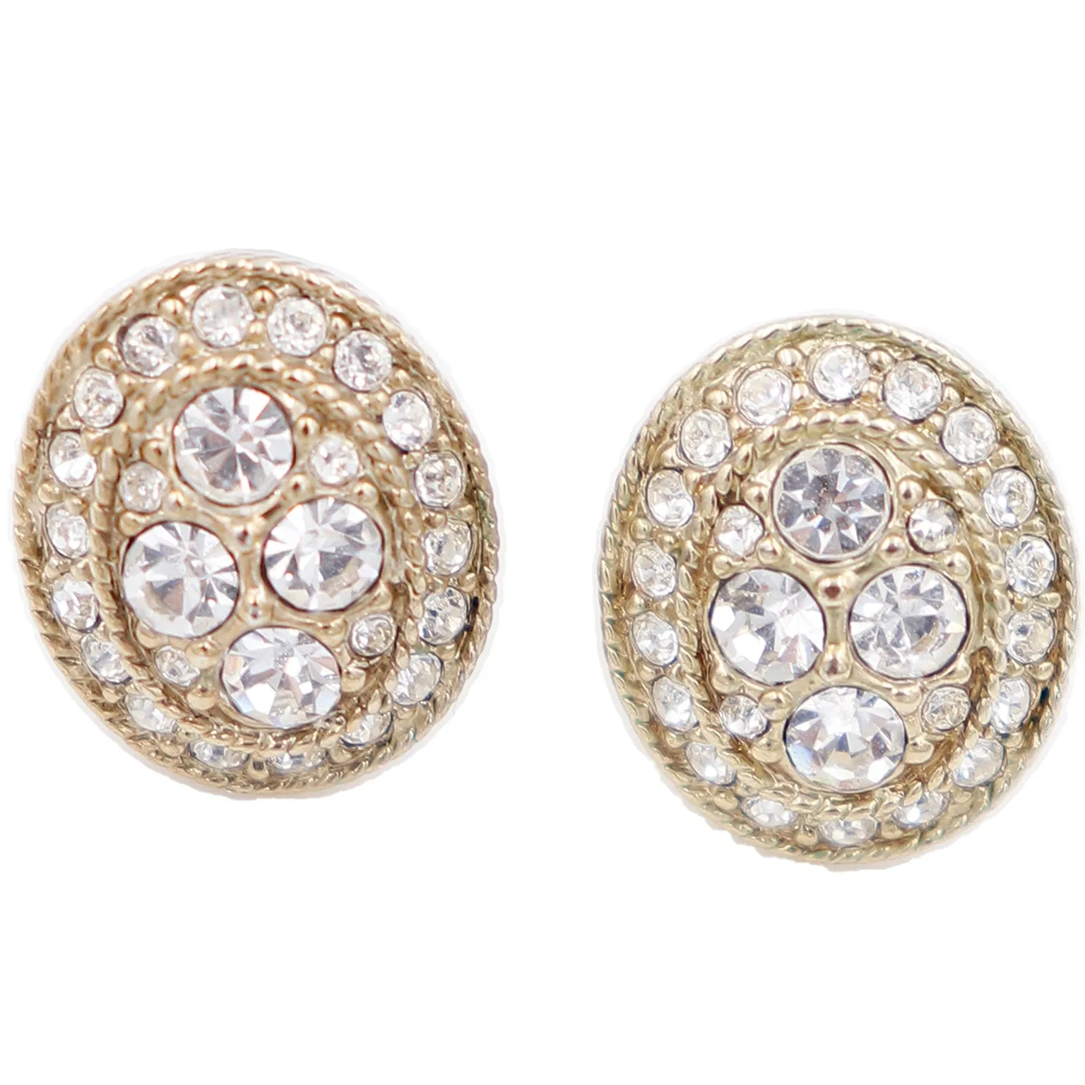 1990s Givenchy Vintage Oval Gold Pierced Earrings With Crystals