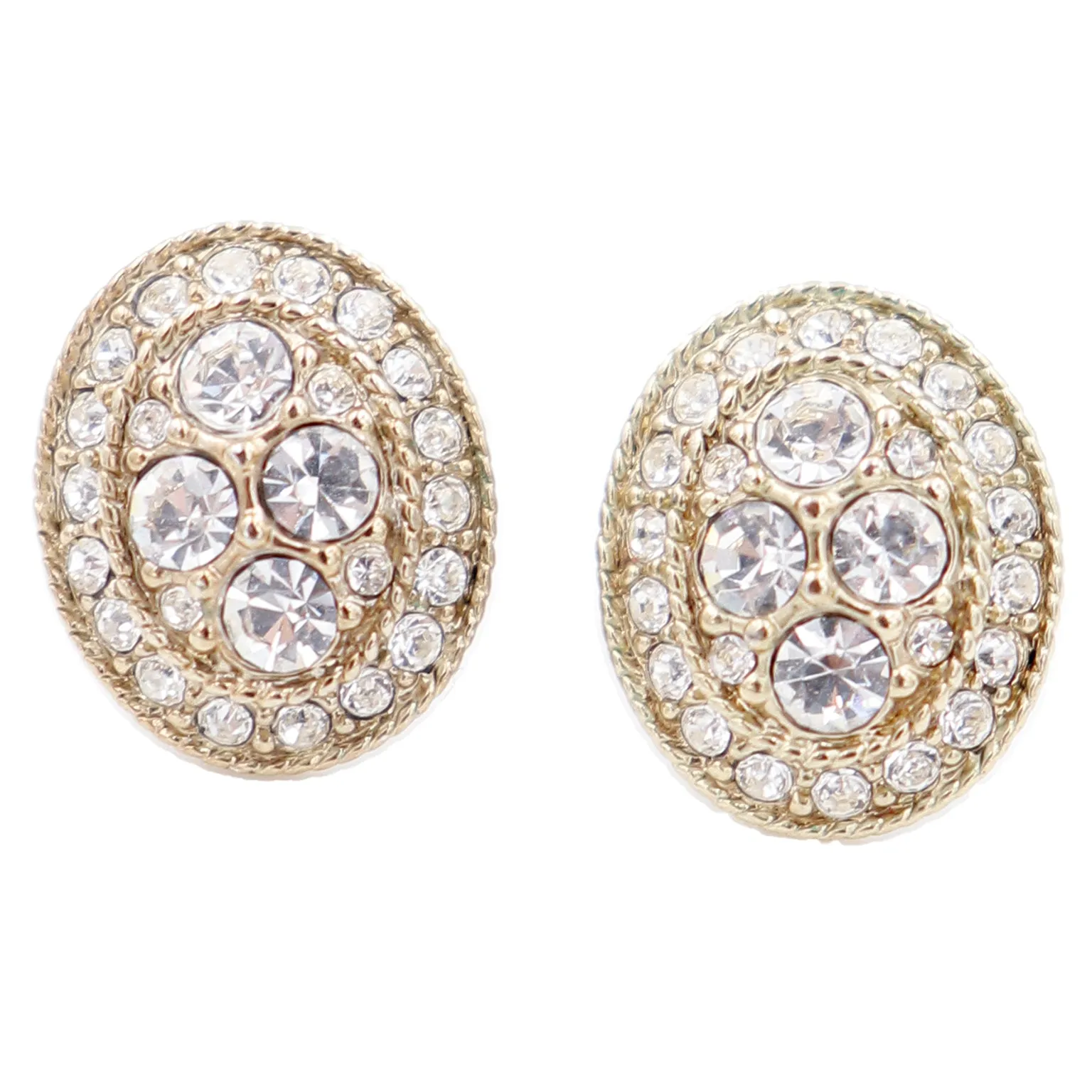 1990s Givenchy Vintage Oval Gold Pierced Earrings With Crystals
