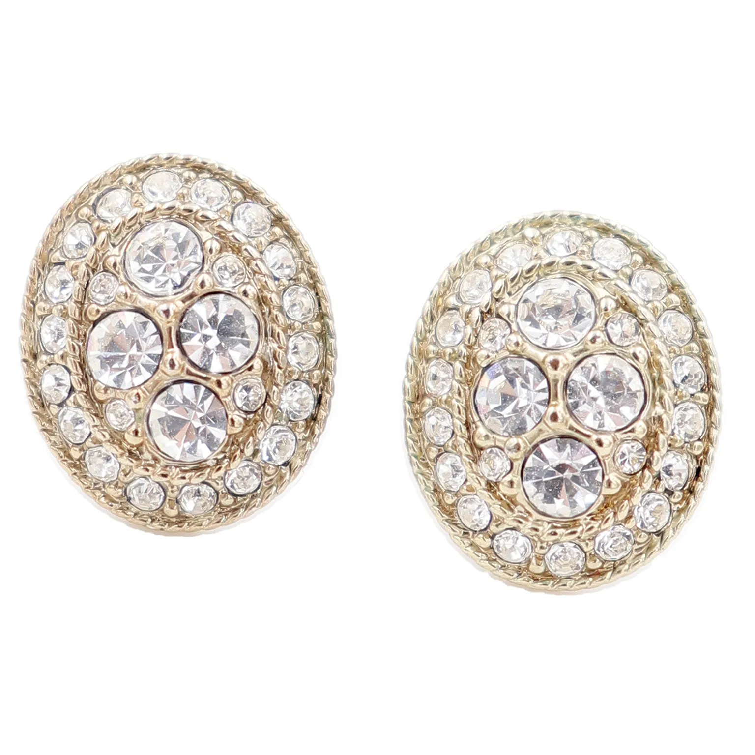 1990s Givenchy Vintage Oval Gold Pierced Earrings With Crystals