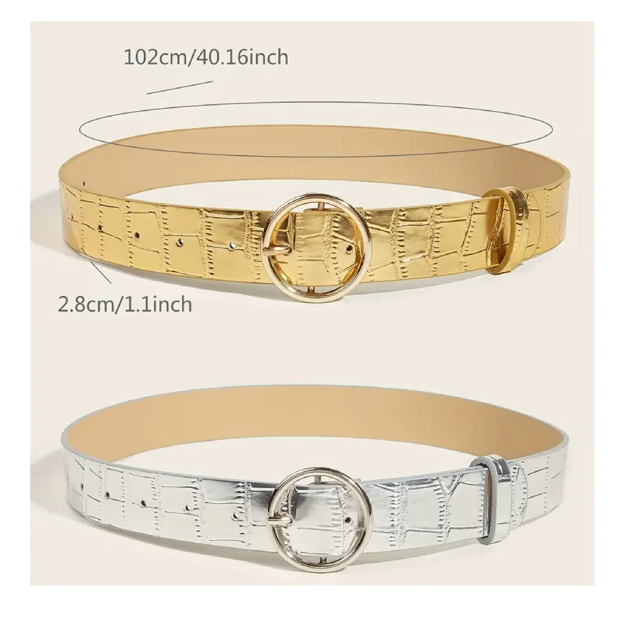 2pcs Round Buckle Wide Belt Golden & Silvery Stone Pattern Embossed Waistband Vintage Decoration Dress Girdle For Women