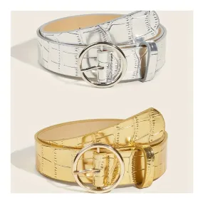 2pcs Round Buckle Wide Belt Golden & Silvery Stone Pattern Embossed Waistband Vintage Decoration Dress Girdle For Women