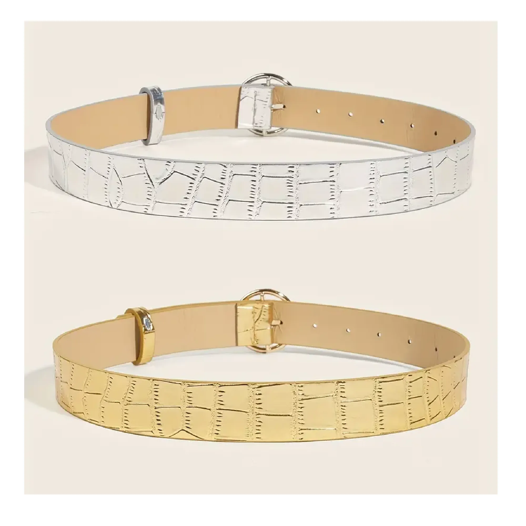 2pcs Round Buckle Wide Belt Golden & Silvery Stone Pattern Embossed Waistband Vintage Decoration Dress Girdle For Women