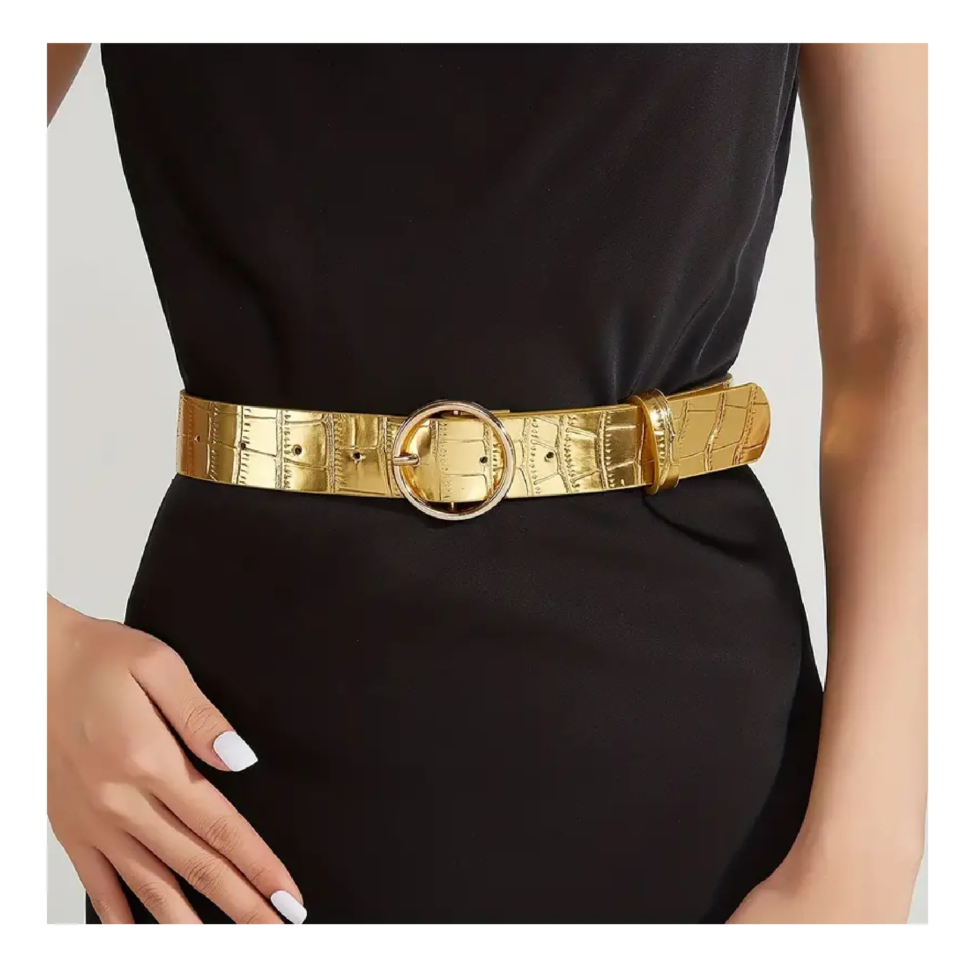 2pcs Round Buckle Wide Belt Golden & Silvery Stone Pattern Embossed Waistband Vintage Decoration Dress Girdle For Women
