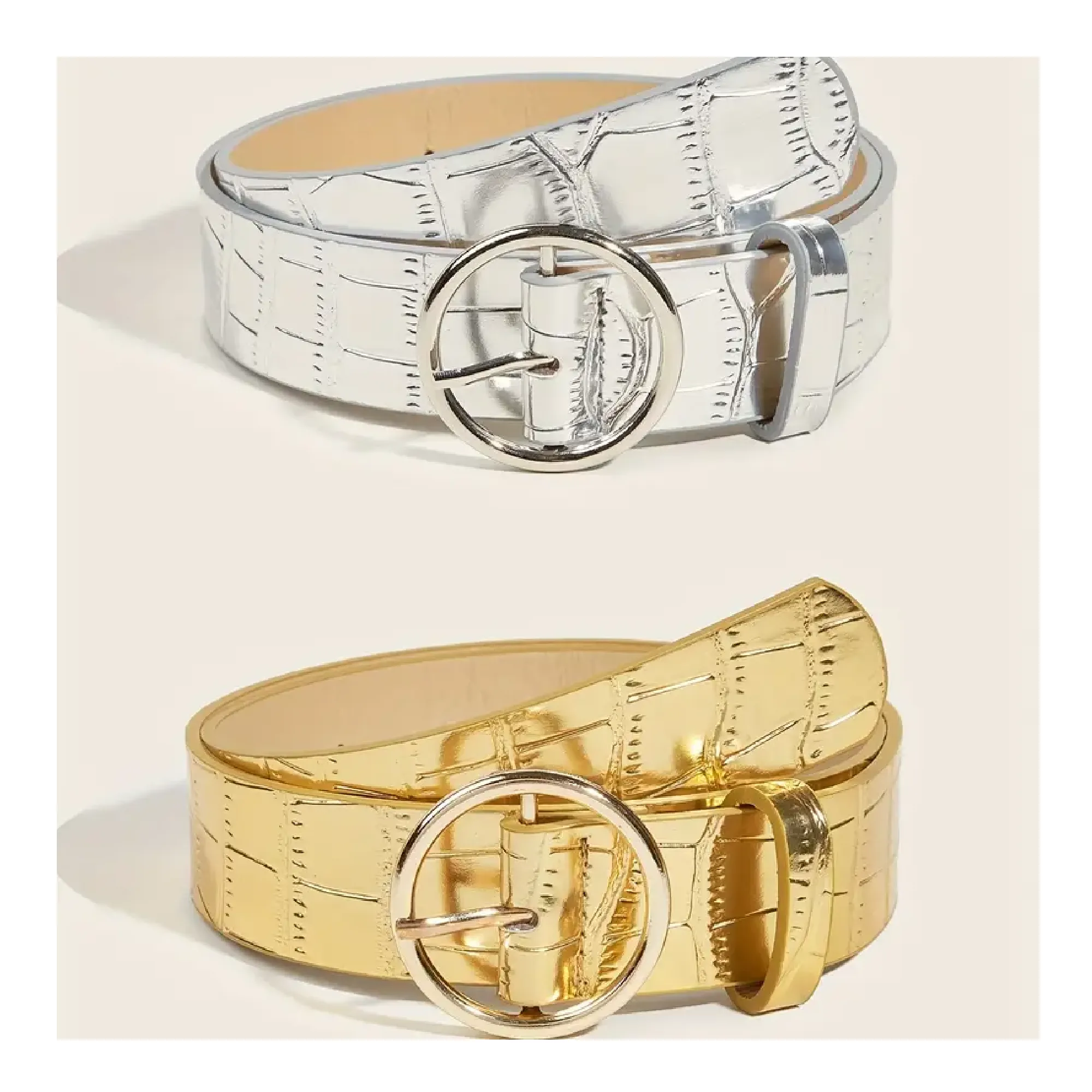 2pcs Round Buckle Wide Belt Golden & Silvery Stone Pattern Embossed Waistband Vintage Decoration Dress Girdle For Women