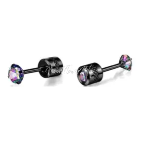 3mm Black Double Ended Rainbow CZ Earrings