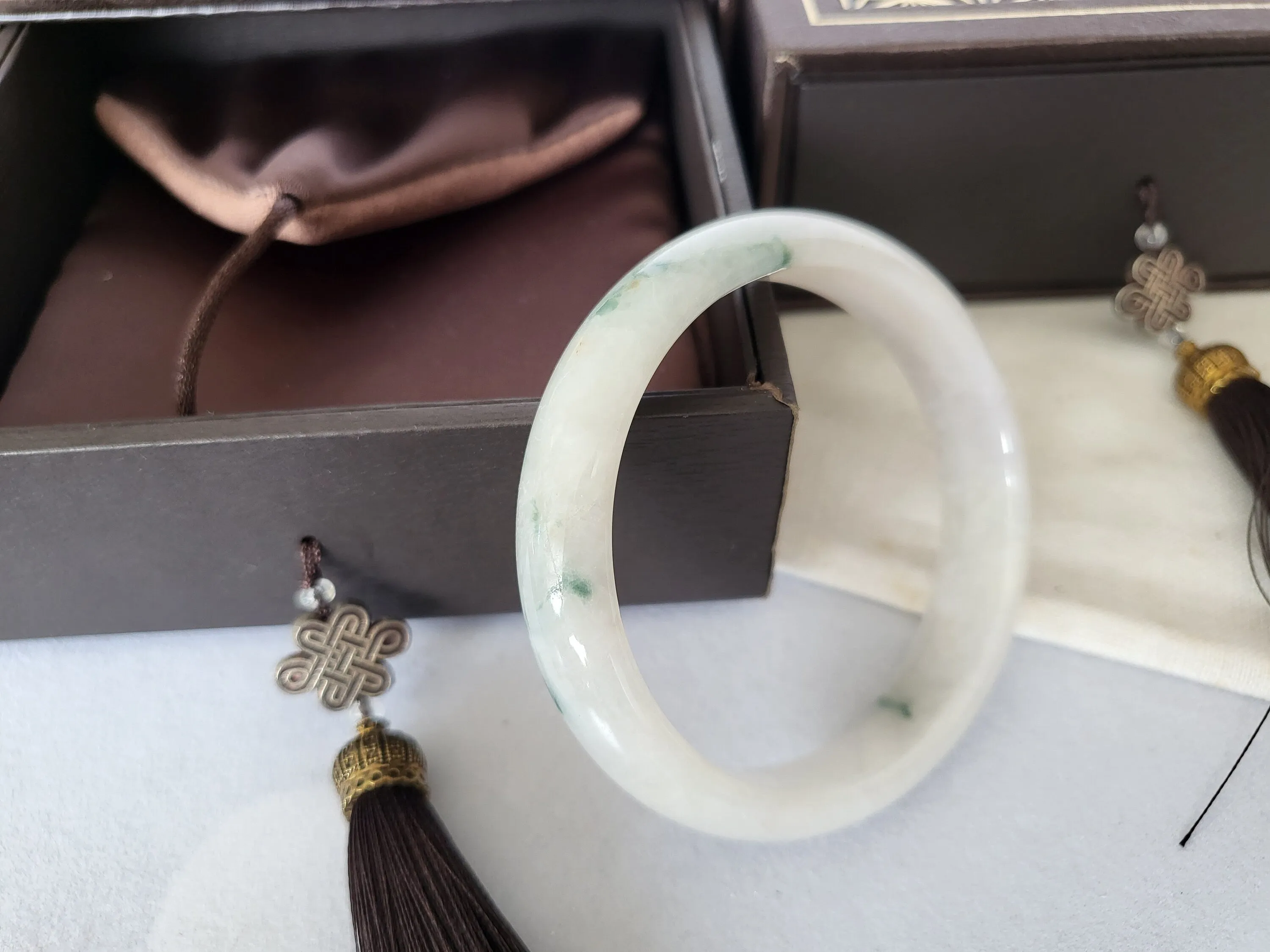 53.8mm Jadeite Grade A Bangle Natural Burma Jade White Flower Green [PINE WINTERLAND COLLECTION]