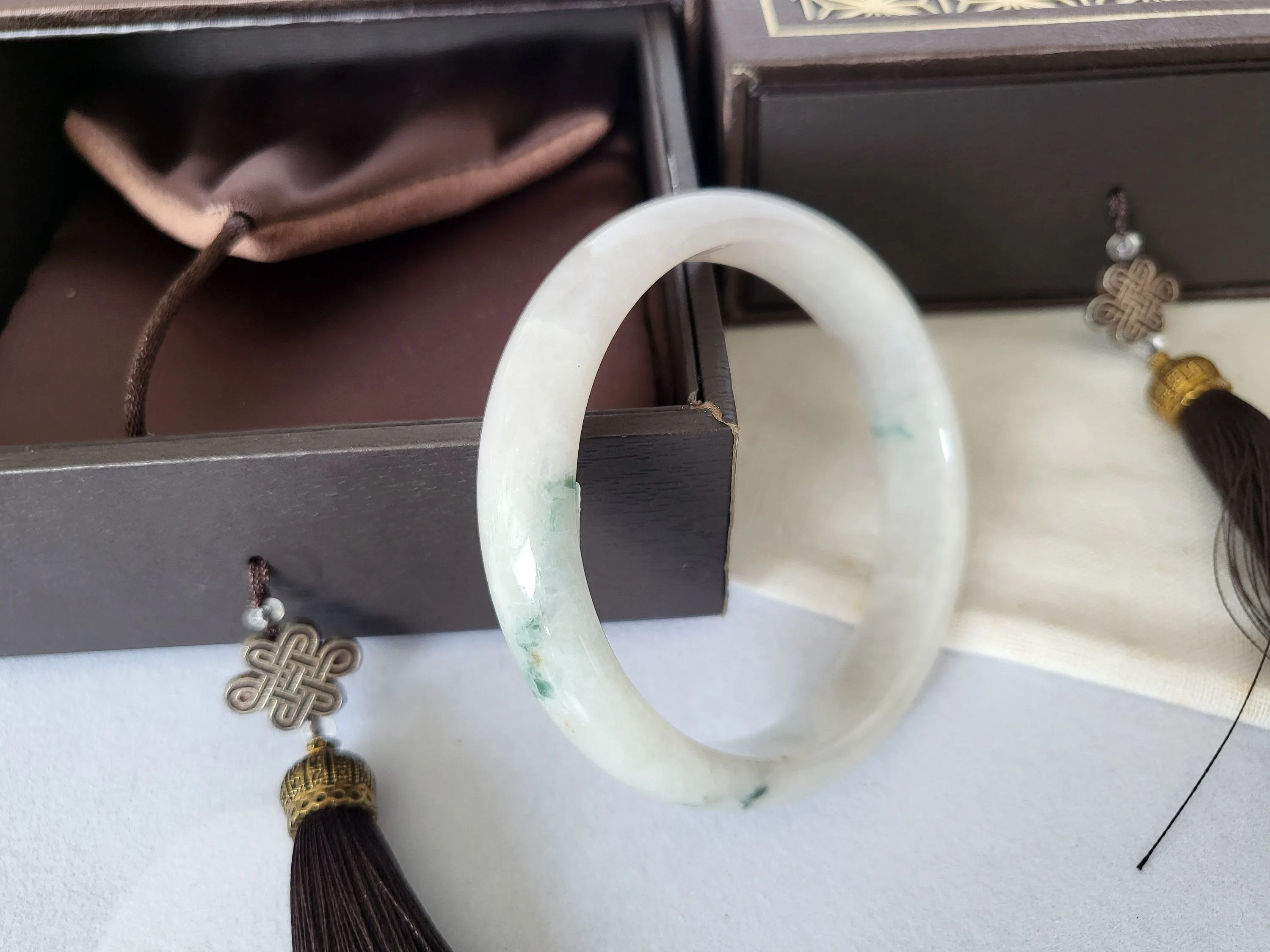 53.8mm Jadeite Grade A Bangle Natural Burma Jade White Flower Green [PINE WINTERLAND COLLECTION]
