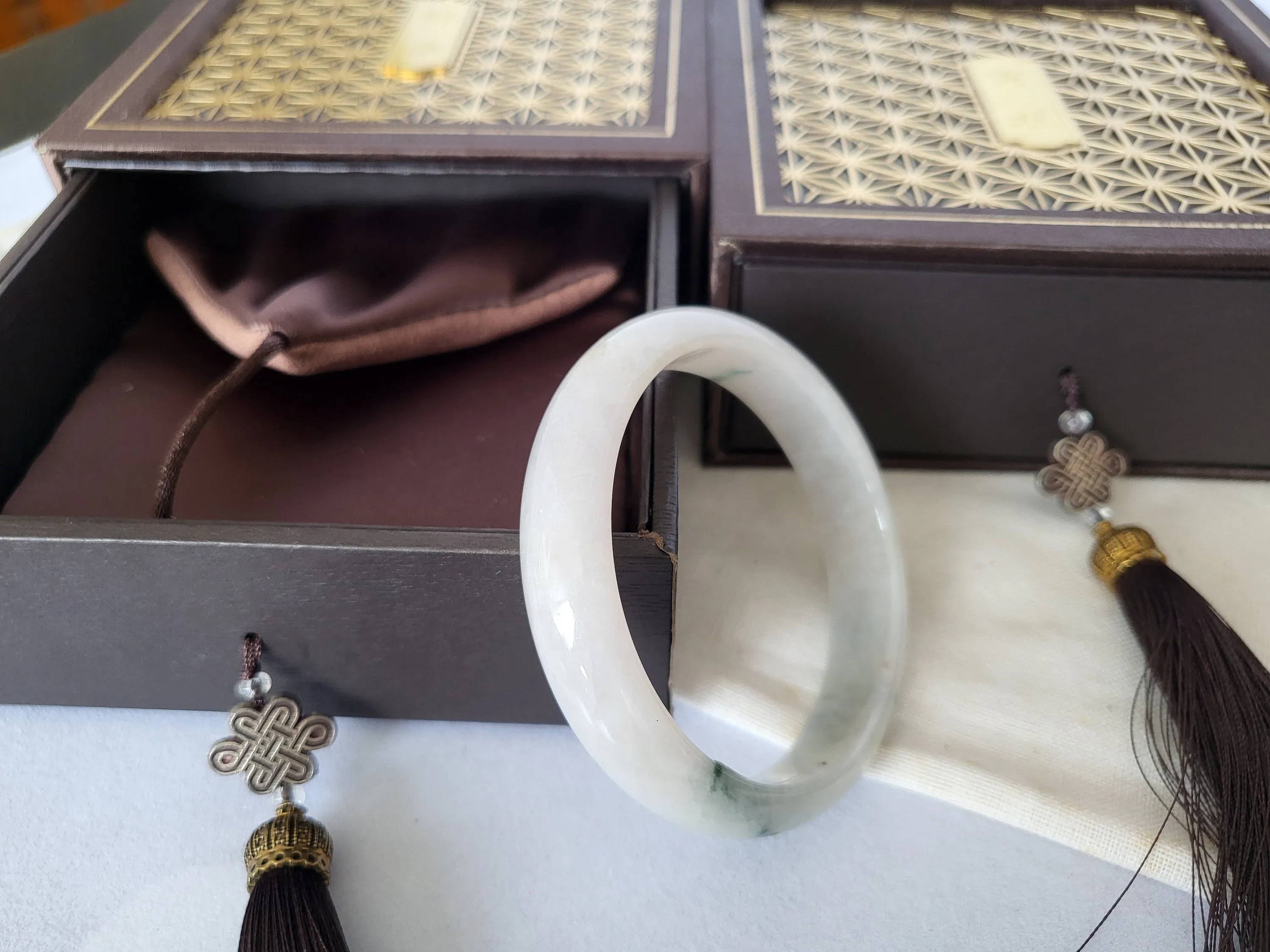 53.8mm Jadeite Grade A Bangle Natural Burma Jade White Flower Green [PINE WINTERLAND COLLECTION]