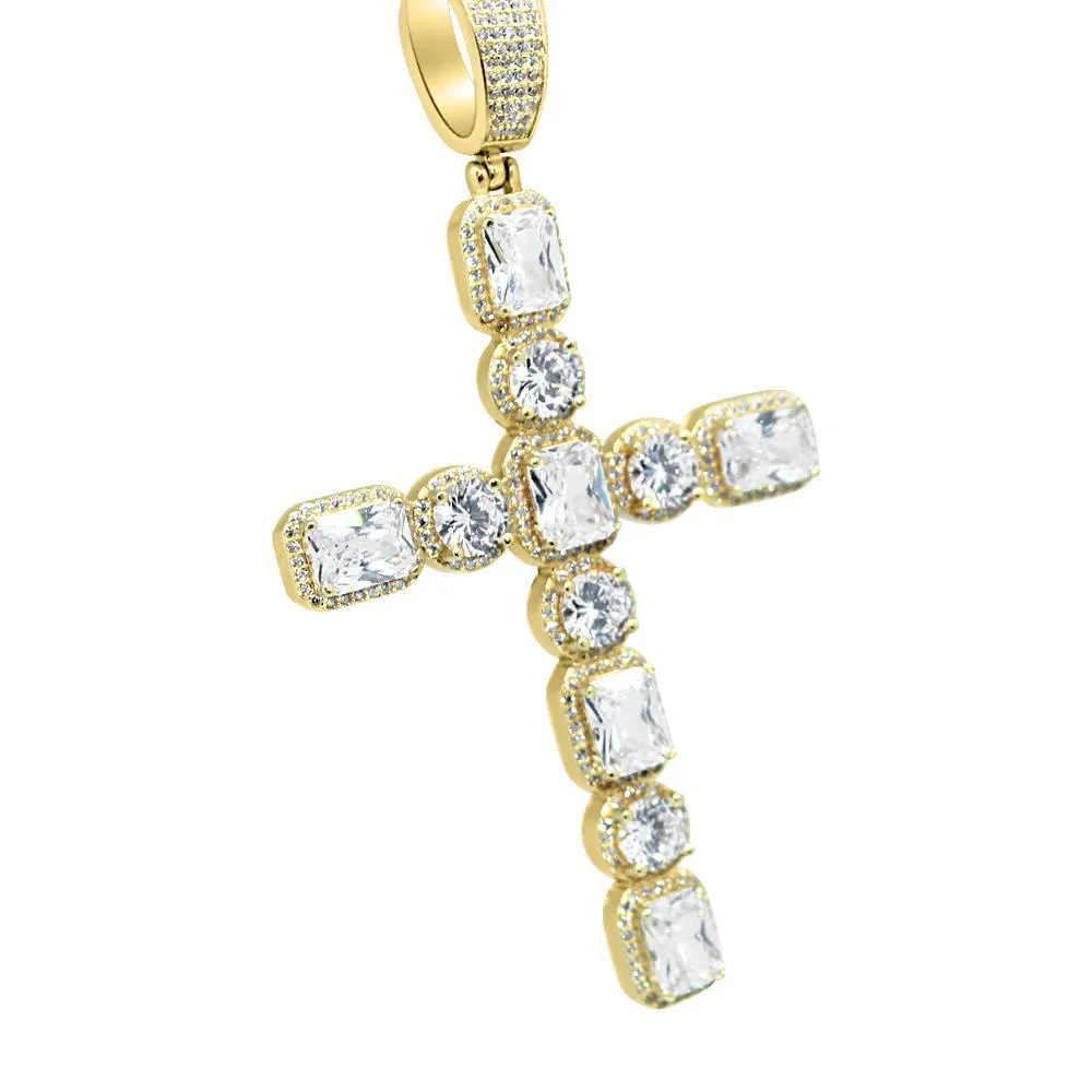 .925 Silver Emerald and Round Cut CZ Cross