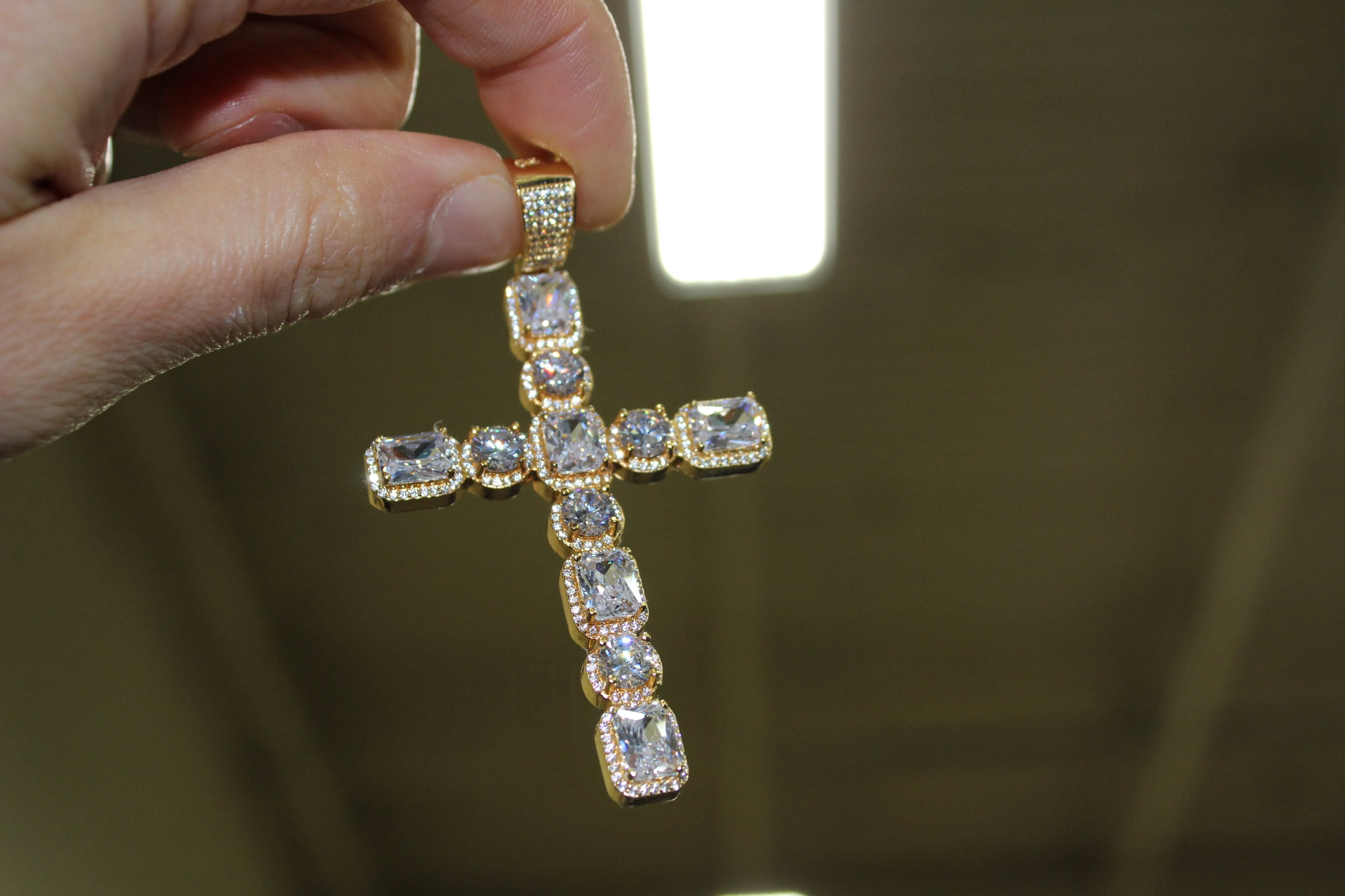 .925 Silver Emerald and Round Cut CZ Cross