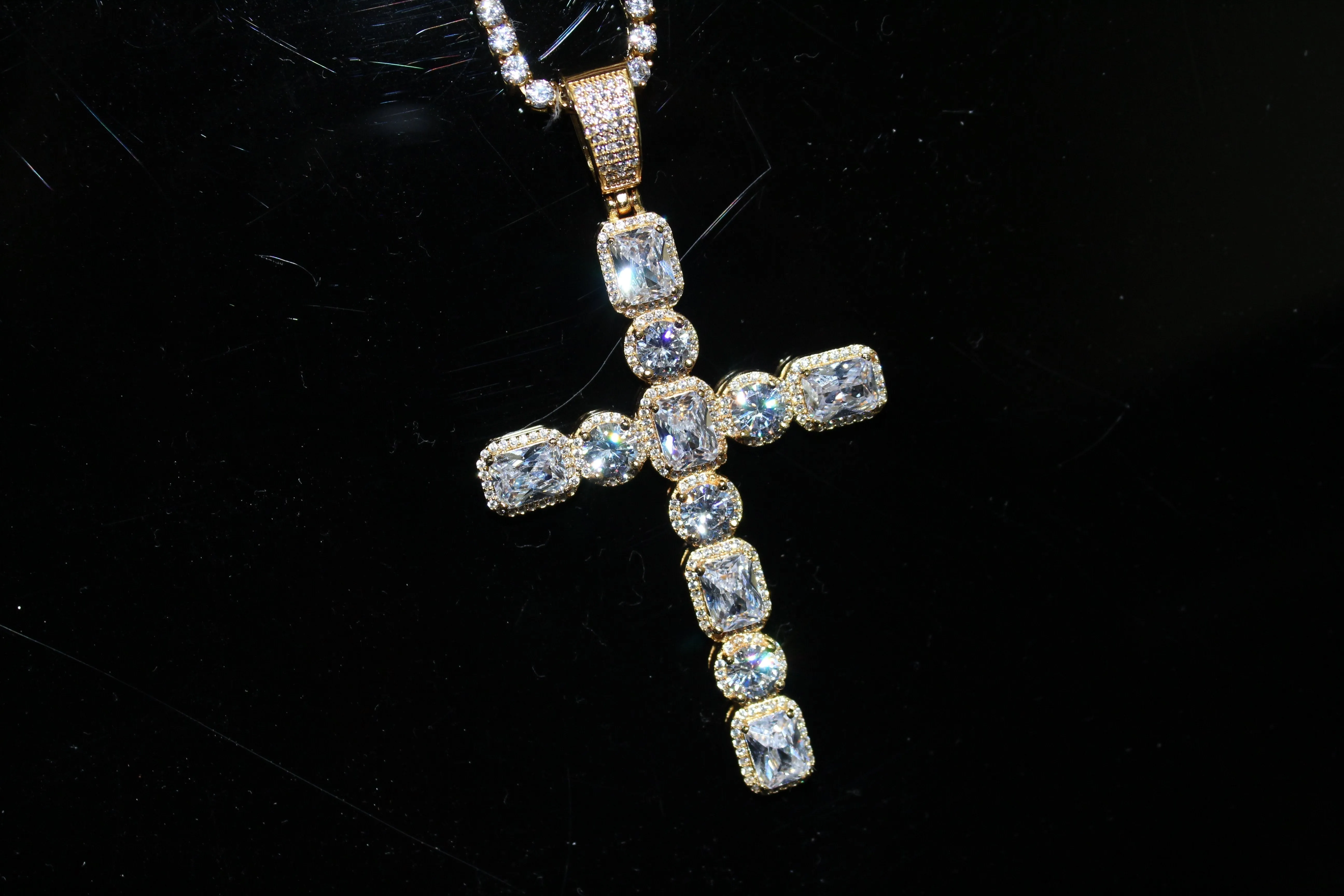 .925 Silver Emerald and Round Cut CZ Cross