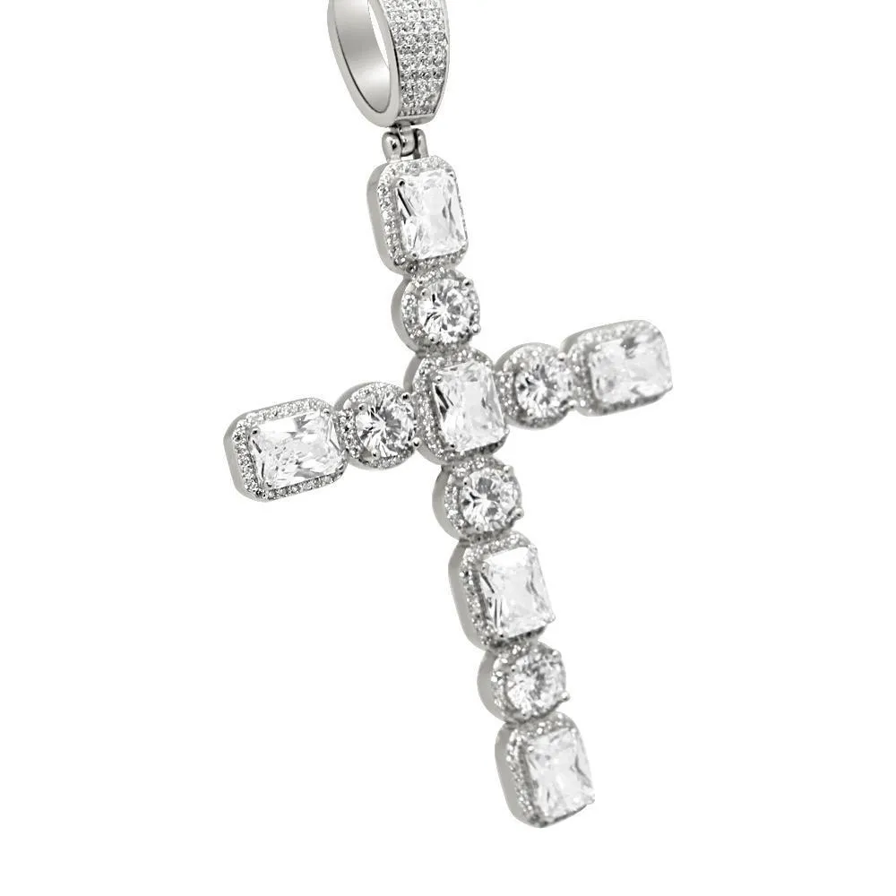 .925 Silver Emerald and Round Cut CZ Cross