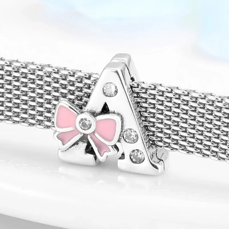 925 Sterling Silver A To Z Bow-knot Clear CZ 26 Letter Alphabet Charms Clips Beads Fit Original Reflections Bracelets Jewelry